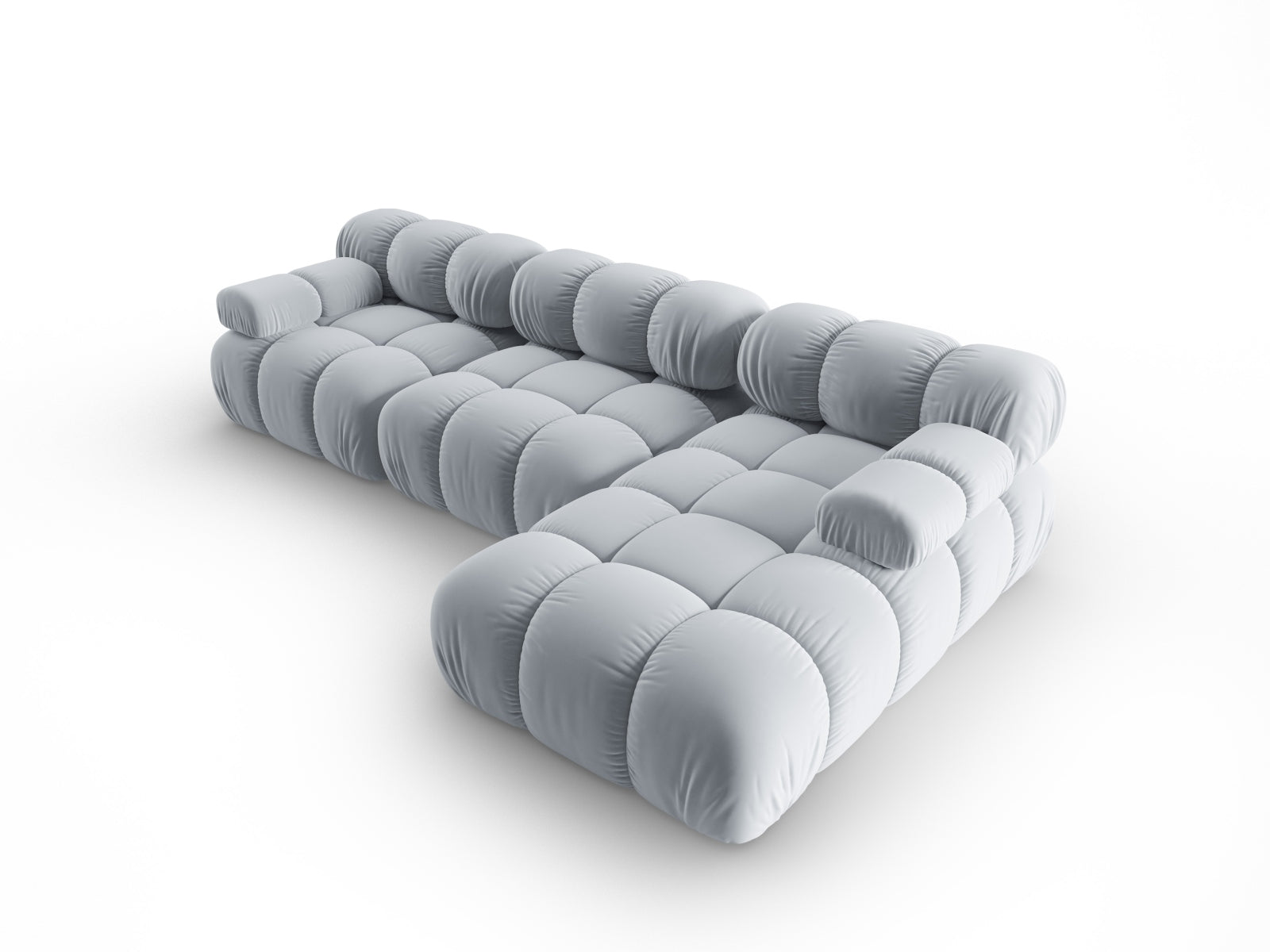 Elegantes Bellis Velour Ecksofa in sanftem Hellblau, 4-Sitzer, rechts, ideal für stilvolle und anpassbare Wohnräume.