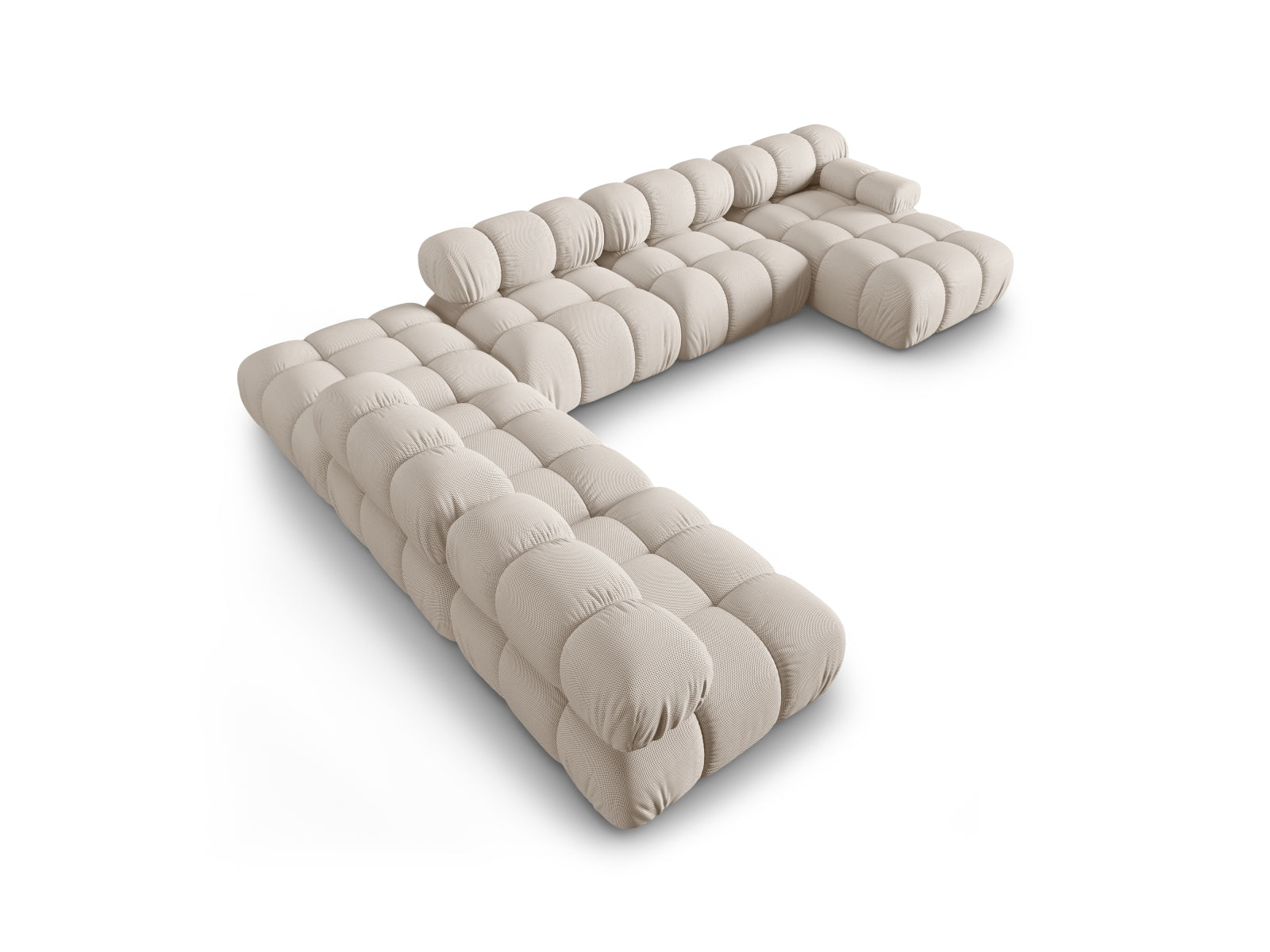 Elegantes modulares Ecksofa Bellis in hellem Beige, 7-Sitzer mit 282 cm, ideal für stilvolle und einladende Wohnbereiche.