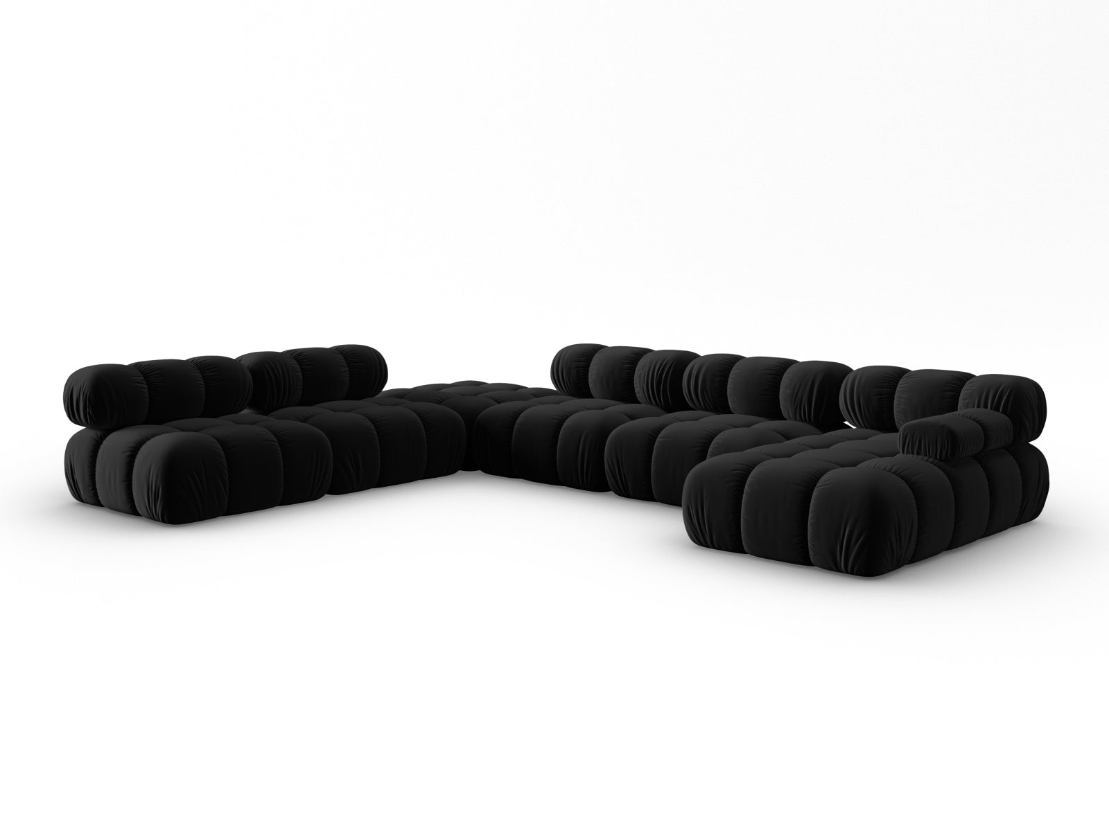 Modulares Bellis Velour Ecksofa in Schwarz-Bluvel, 7-Sitzer, 282 cm, perfekt für gemütliche und moderne Wohnlandschaften.