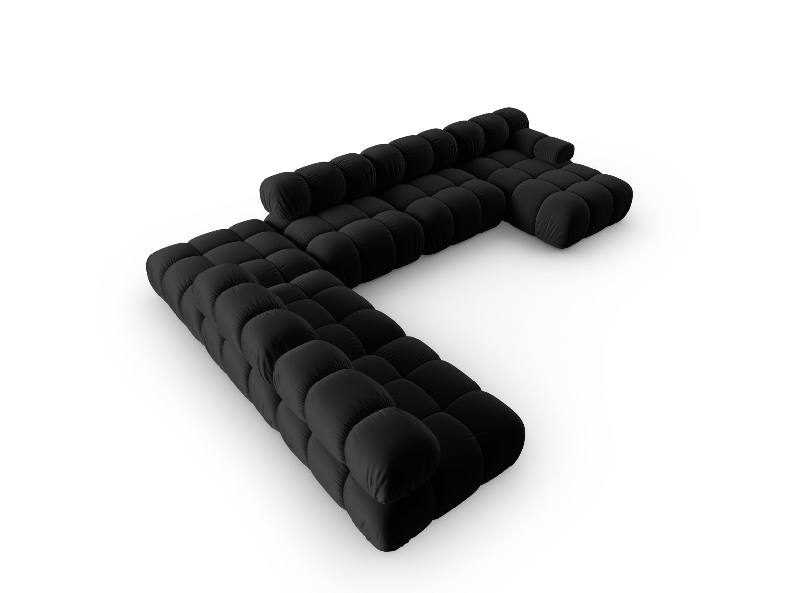 Elegantes Bellis Velour Ecksofa in Schwarz-Bluvel, 7-Sitzer, 282 cm, ideal für stilvolle und einladende Wohnräume.
