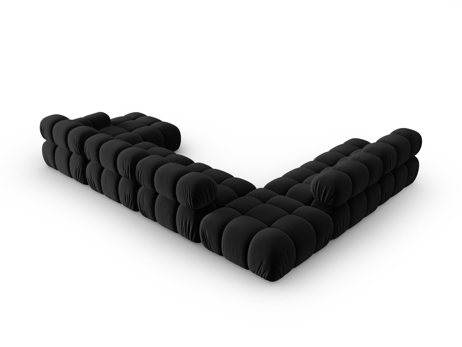 Modulares Bellis Velour Ecksofa in Schwarz-Bluvel, 7-Sitzer, 282 cm, perfekt für gemütliche und moderne Wohnlandschaften.