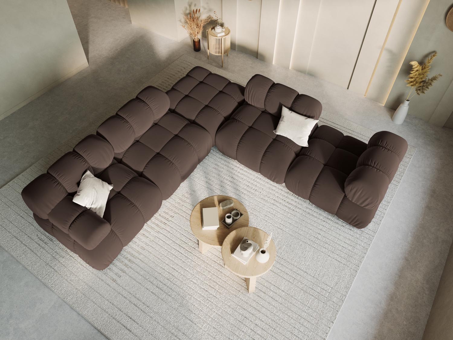 Elegantes Bellis Velour Ecksofa in Dunkelbraun, 7-Sitzer, 282 cm, ideal für stilvolle Wohnräume, präsentiert in modernem Ambiente.