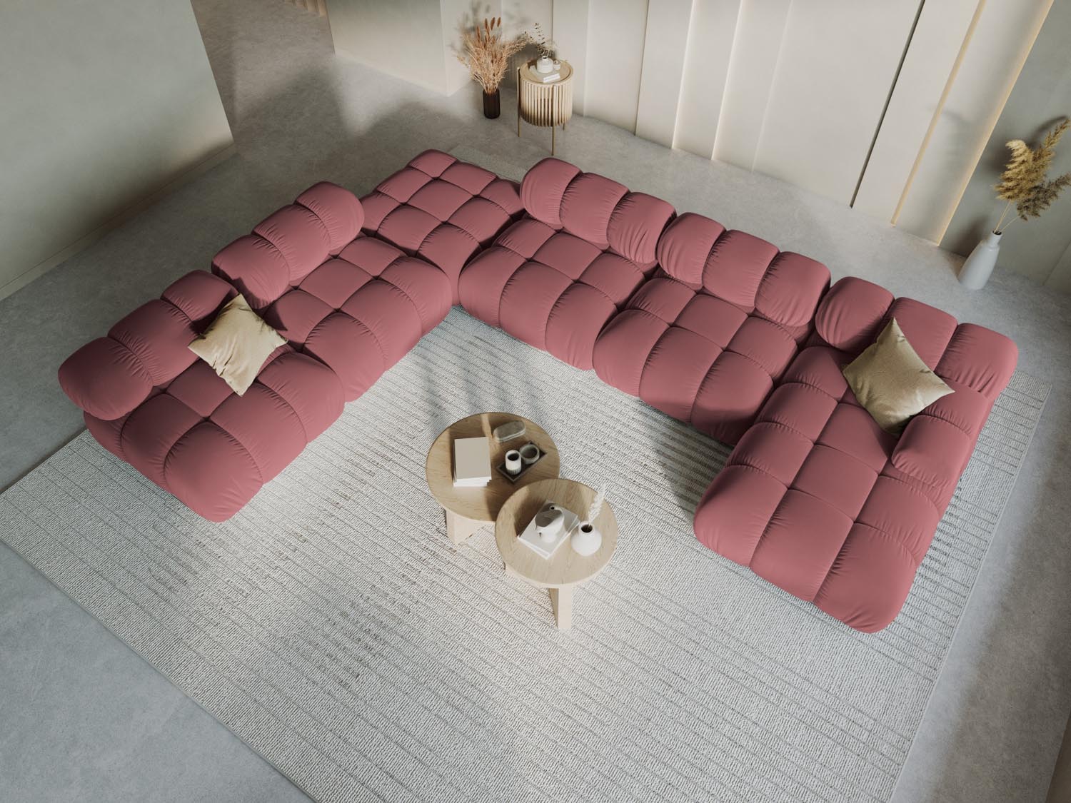Gemütliches, modulares Ecksofa in Pink-Bluvel, ideal für stilvolle Wohnräume. 7-Sitzer mit großzügigem Platzangebot und modernem Design.