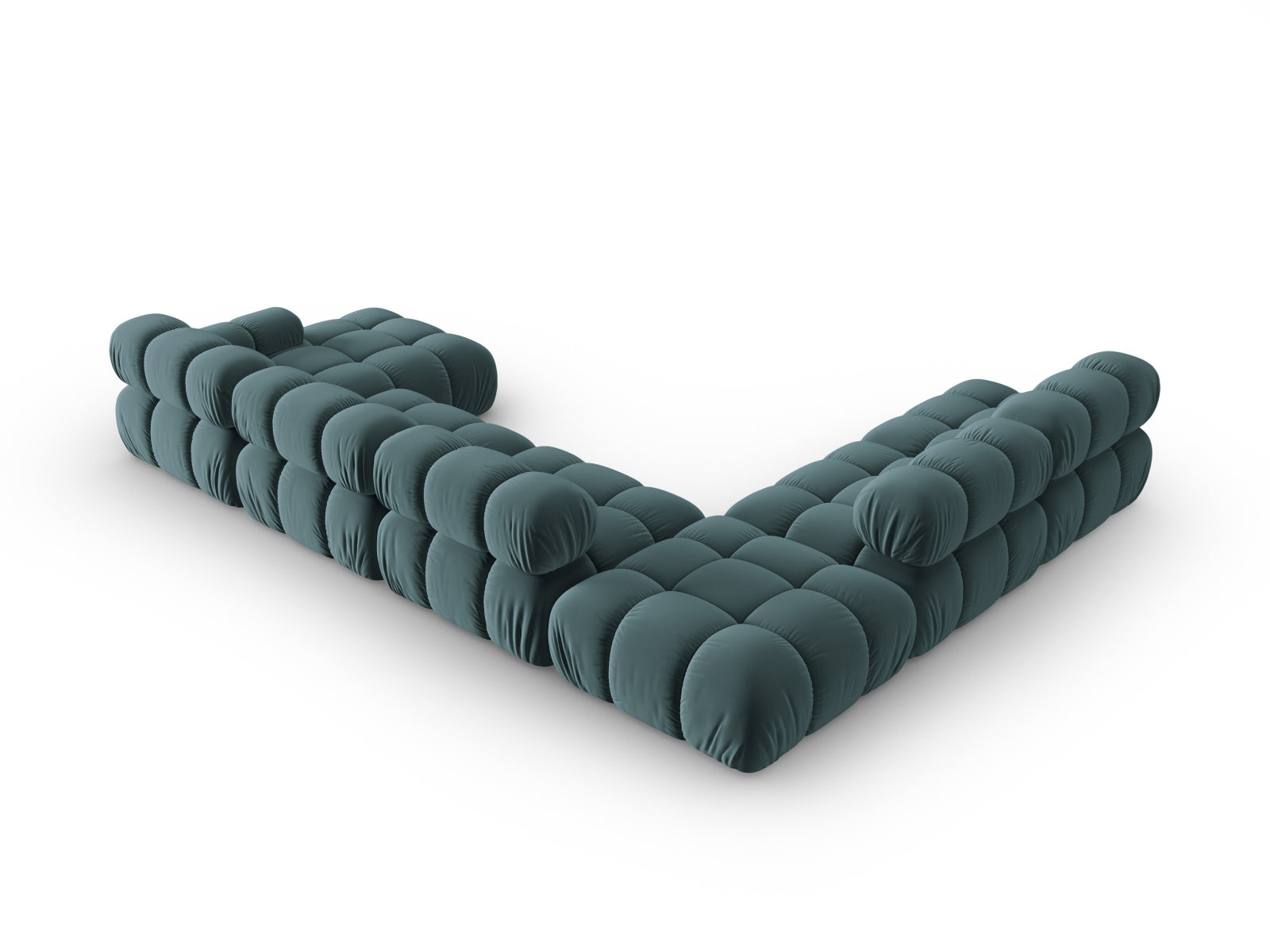 Elegantes, modulares 7-Sitzer Ecksofa Bellis in sanftem Türkis, 282 cm, mit weichem Velourbezug für stilvolle Wohnatmosphäre.