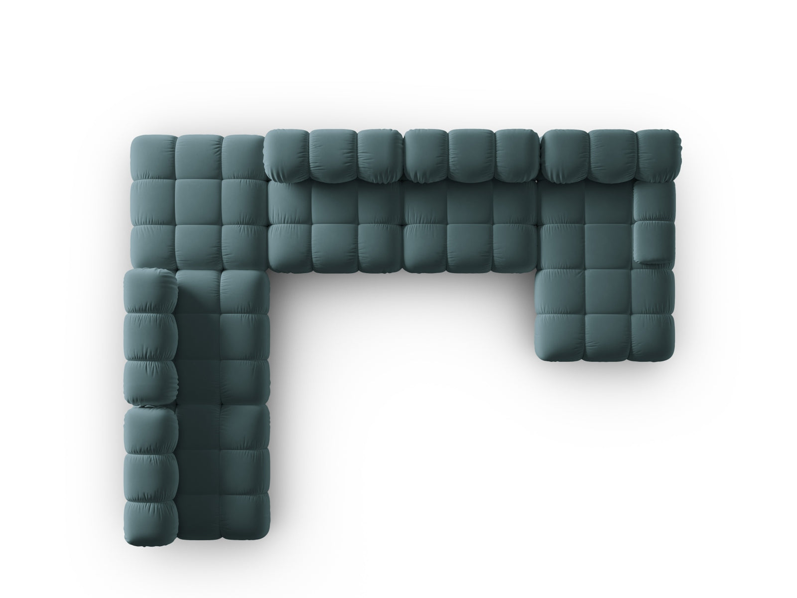 Modulares 7-Sitzer Ecksofa Bellis in sanftem Türkis, 282 cm, mit luxuriösem Velourbezug für ein modernes und einladendes Wohnambiente.