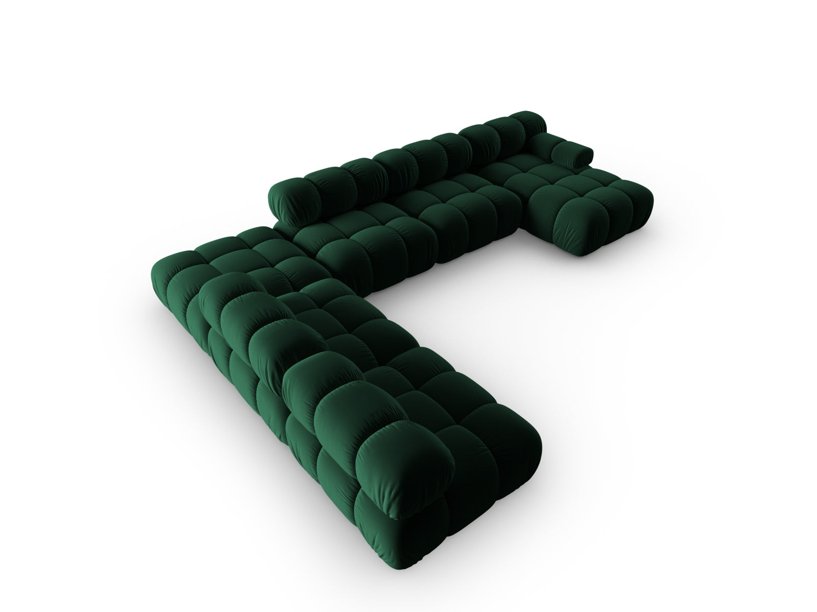 Elegantes Bellis Velour Ecksofa in tiefem Flaschengrün, 7-Sitzer, 282 cm, ideal für stilvolle und einladende Wohnräume.