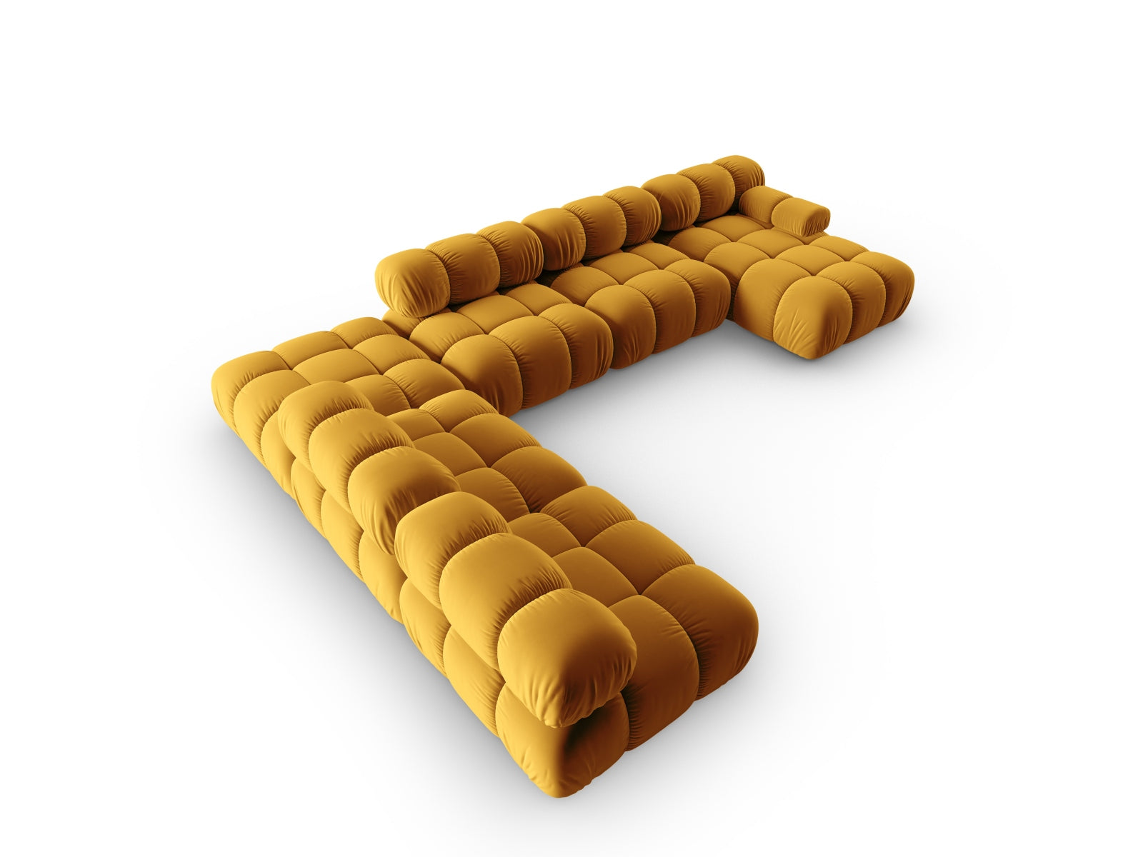 Modulares Bellis Velour Ecksofa in stilvollem Gelb-Blau, 7-Sitzer, 282 cm, ideal für komfortable und einladende Wohnräume.
