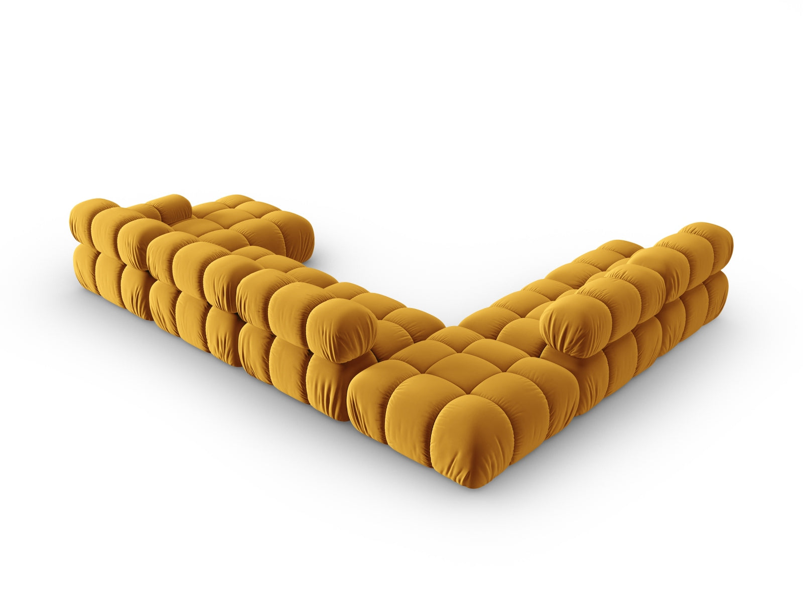 Elegantes Bellis Velour Ecksofa in Gelb-Blau, 7-Sitzer, 282 cm, perfekt für moderne Wohnlandschaften und gesellige Abende.
