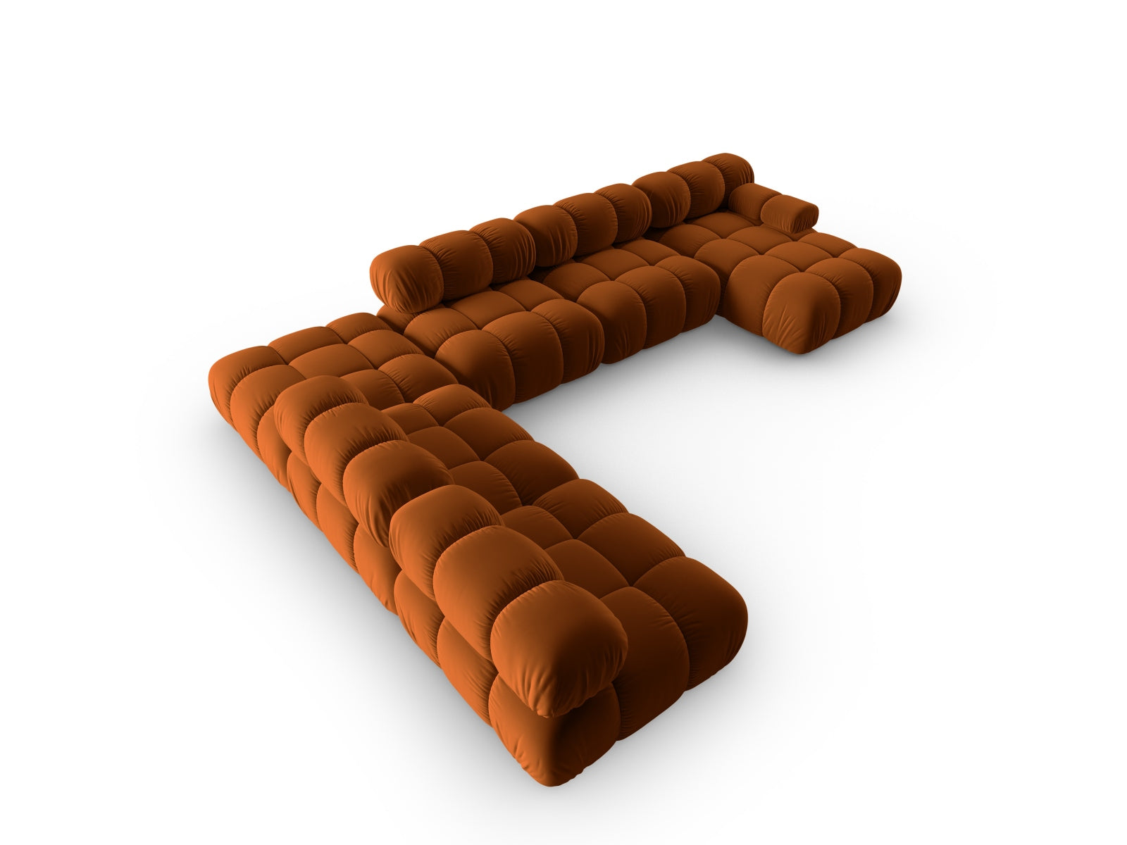Modulares Bellis Velour Ecksofa in warmem Terracotta, 7 Sitzer, ideal für gemütliche Wohnzimmer und moderne Raumgestaltung.