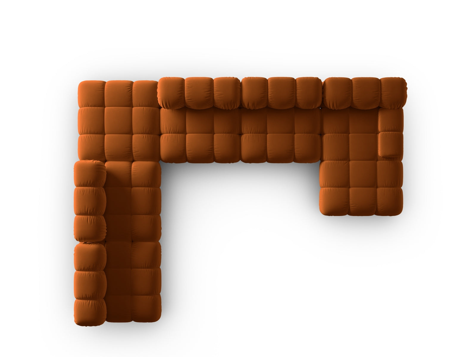 Modulares Ecksofa Bellis Velour in warmem Terracotta, 7 Sitzer, ideal für gemütliche Zusammenkünfte und modernes Wohndesign.