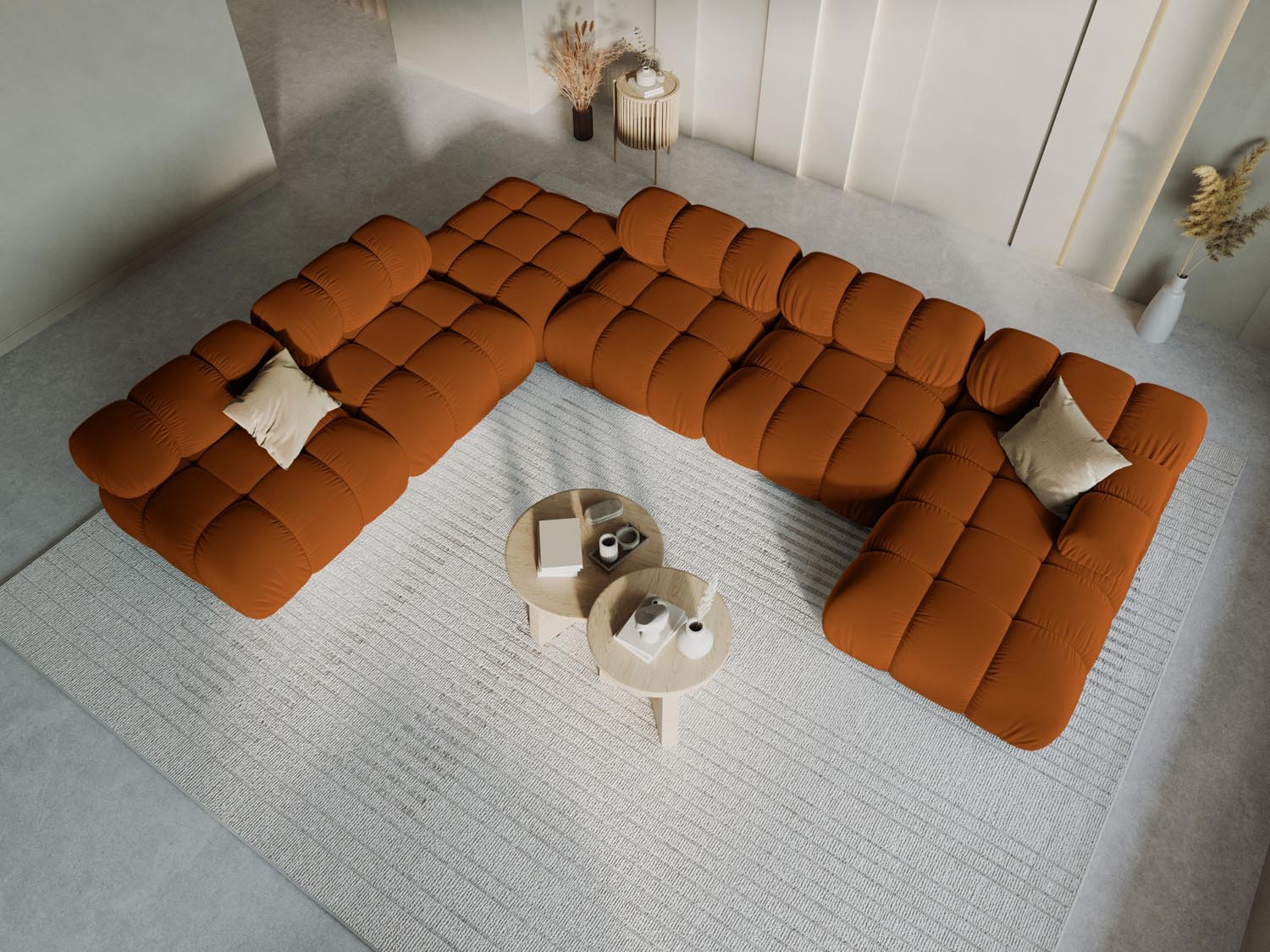 Gemütliches Bellis Velour Ecksofa in Terracotta, 7 Sitzer, ideal für moderne Wohnräume, stilvoll und einladend.