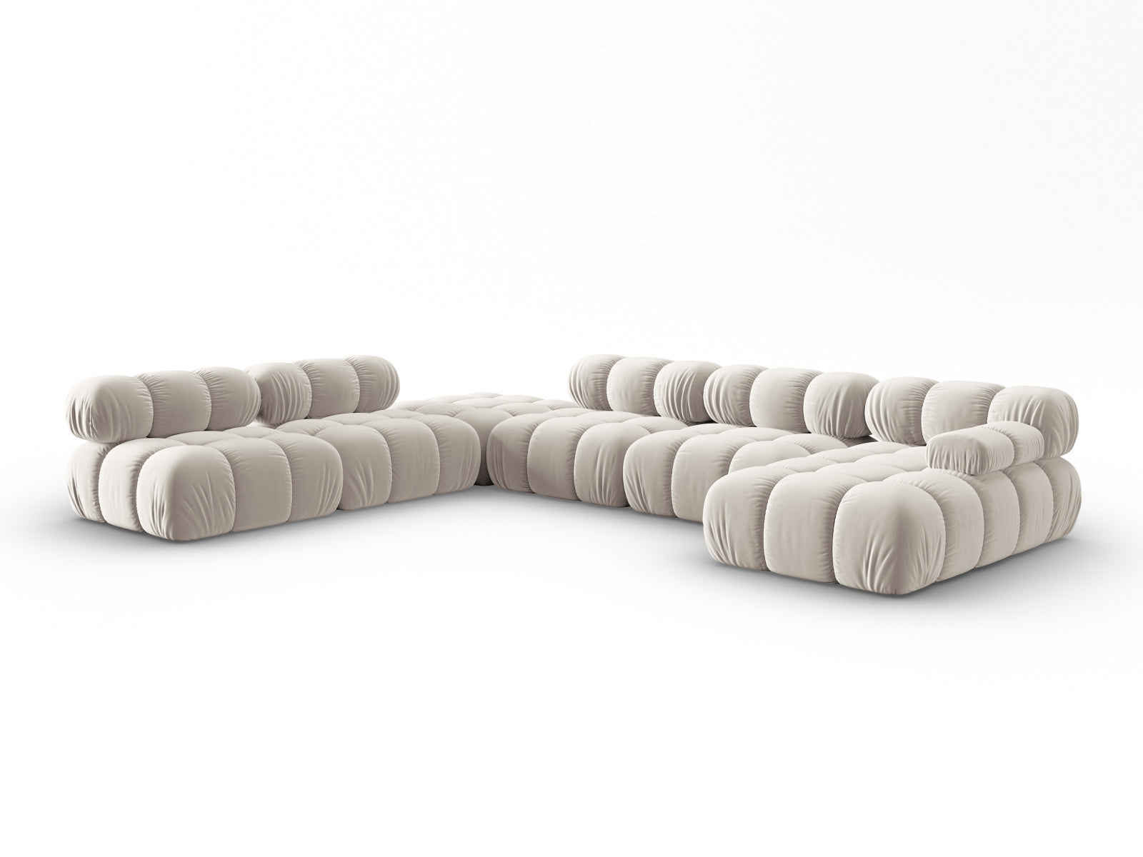 Modulares Bellis Velour Ecksofa links, 7-Sitzer in Dunkelbeige, 282 cm, perfekt für gemütliche und stilvolle Wohnlandschaften.