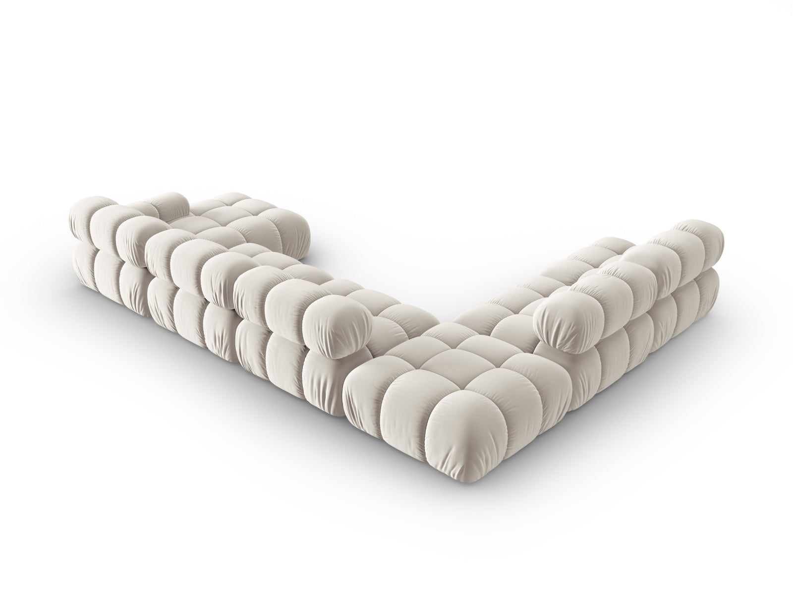 Modulares Bellis Velour Ecksofa links, 7-Sitzer in stilvollem Dunkelbeige, 282 cm, perfekt für gemütliche Zusammenkünfte und zeitgemäße Einrichtung.