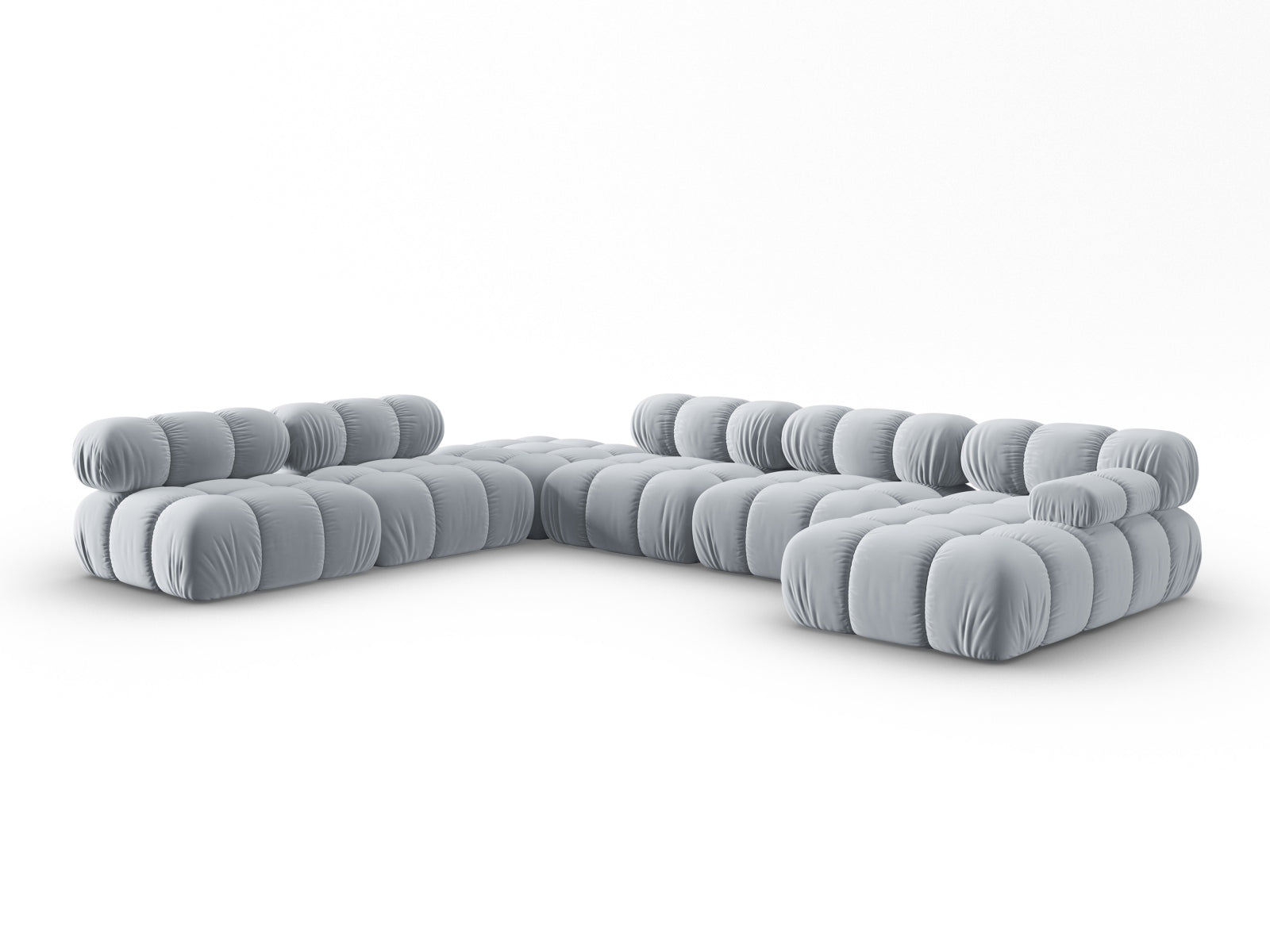 Modulares Bellis Velour Ecksofa in zartem Hellblau, 7-Sitzer, perfekt für gemütliche Wohnzimmer, kombiniert Komfort und modernes Design.