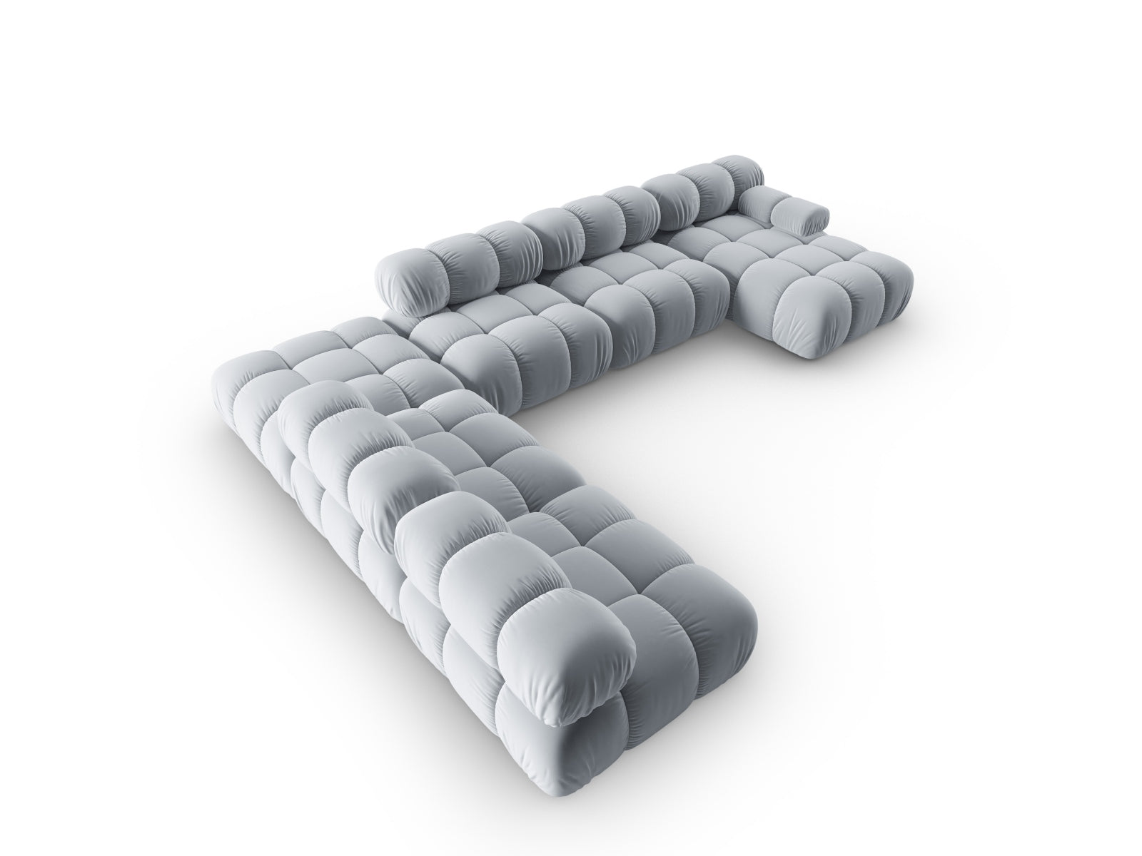 Elegantes modulares Ecksofa Bellis in sanftem Hellblau, 7-Sitzer, ideal für stilvolle Wohnräume, vereint Funktionalität und zeitgemäße Ästhetik.