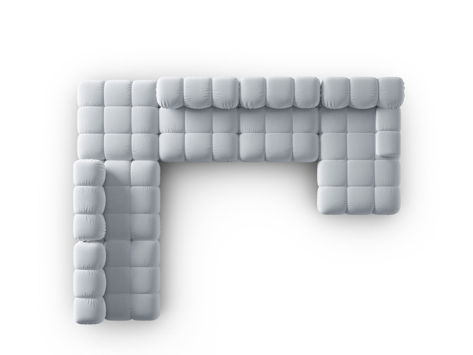 Elegantes modulares Ecksofa Bellis in sanftem Hellblau, ideal für stilvolle Wohnräume, vereint modernes Design mit hohem Sitzkomfort.