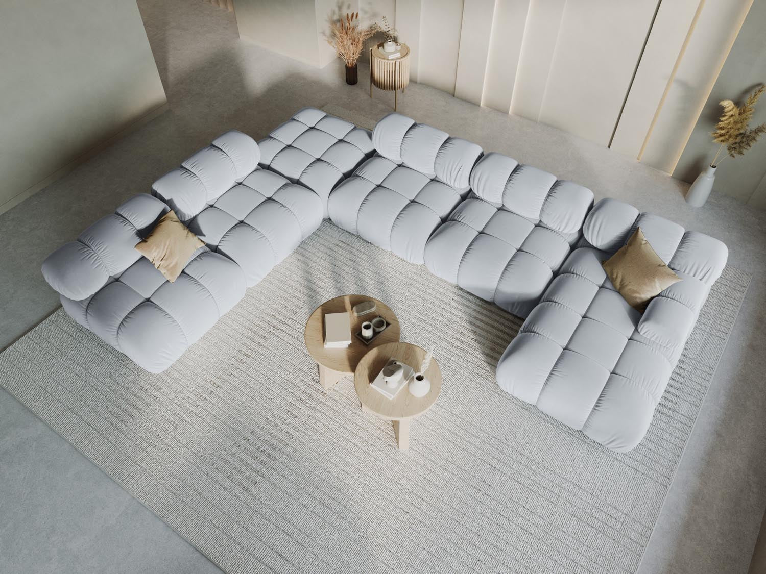 Elegantes Bellis Velour Ecksofa in sanftem Hellblau, 7-Sitzer, ideal für stilvolle Wohnräume, präsentiert in einem modernen Ambiente.