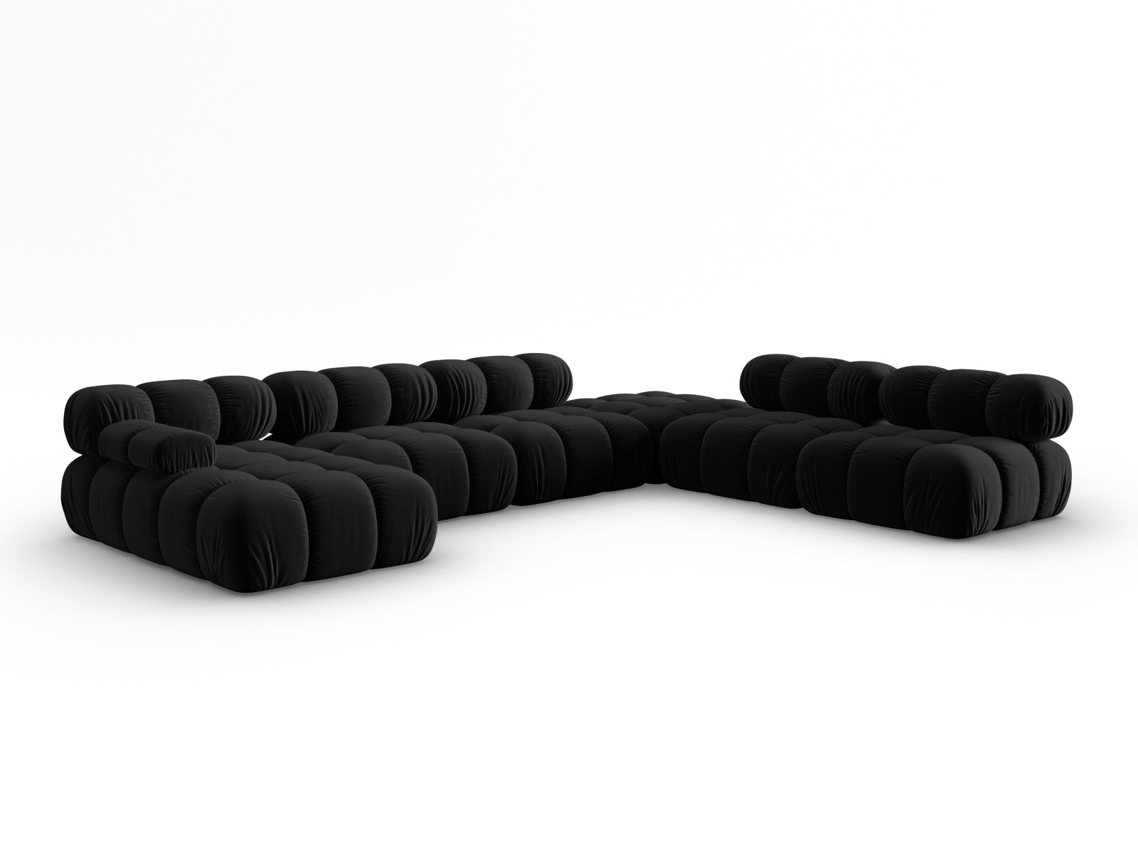 Modulares Bellis Velour Ecksofa in Schwarz-Bluvel, 7-Sitzer, 282 cm, perfekt für gemütliche und moderne Wohnlandschaften.