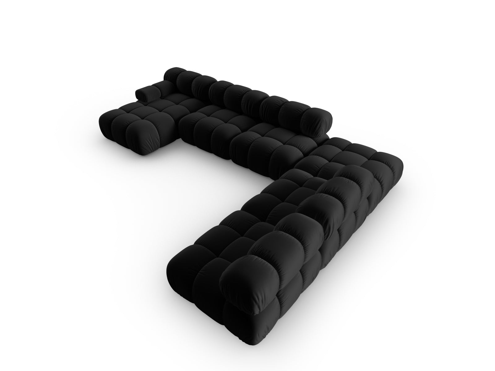 Elegantes Bellis Velour Ecksofa in Schwarz-Bluvel, 7-Sitzer, 282 cm, ideal für stilvolle und einladende Wohnräume.