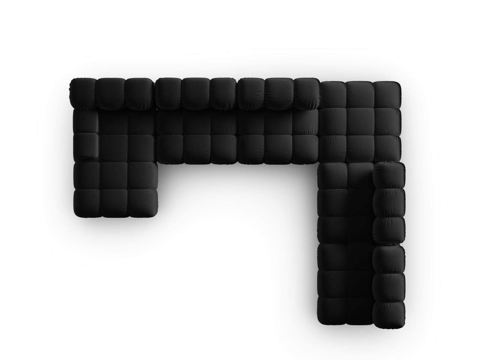 Elegantes Bellis Velour Ecksofa in Schwarz-Bluvel, 7-Sitzer, 282 cm, ideal für stilvolle und einladende Wohnräume.