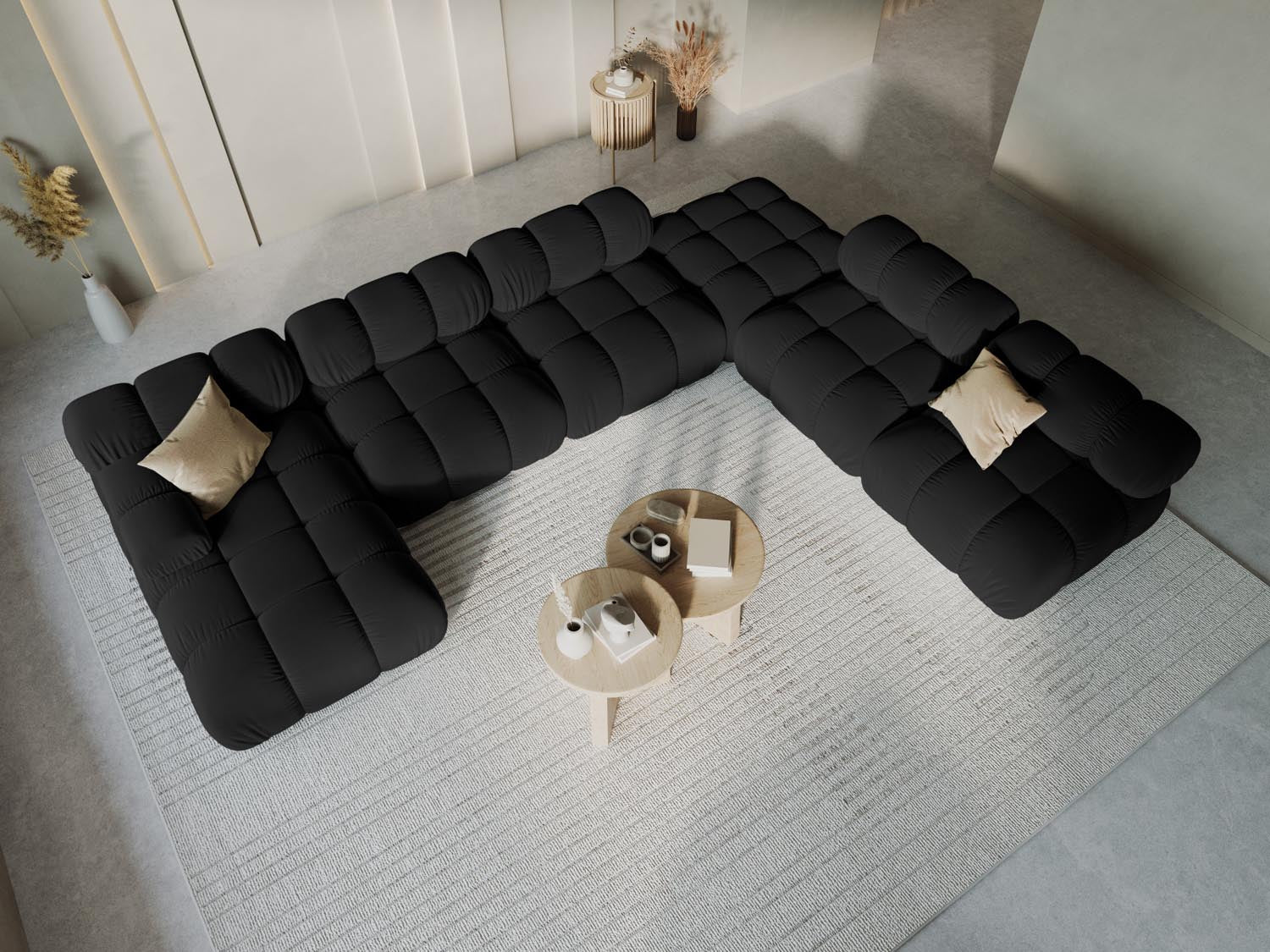 Elegantes Bellis Velour Ecksofa in Schwarz-Bluvel, 7-Sitzer, 282 cm, ideal für stilvolle Wohnräume, präsentiert in modernem Ambiente.