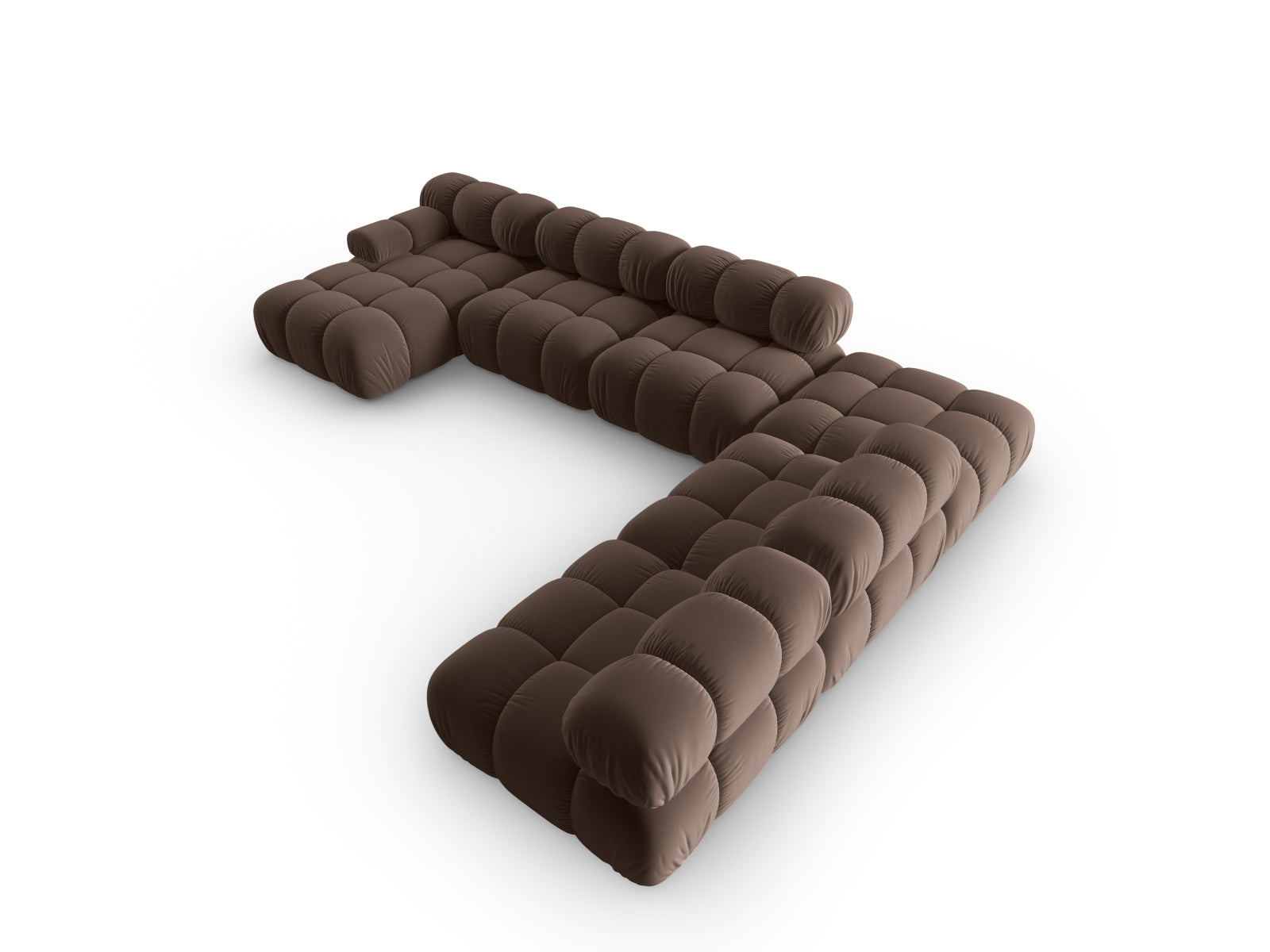 Elegantes, modulares Ecksofa Bellis in Velours, dunkelbraun, 7-Sitzer, 282 cm, ideal für moderne Wohnräume und gemütliche Zusammenkünfte.