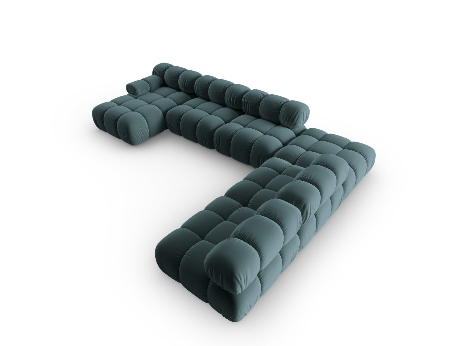 Elegantes, modulares Ecksofa Bellis in Velours, 7-Sitzer in Türkis, ideal für stilvolle Wohnräume und gesellige Abende.