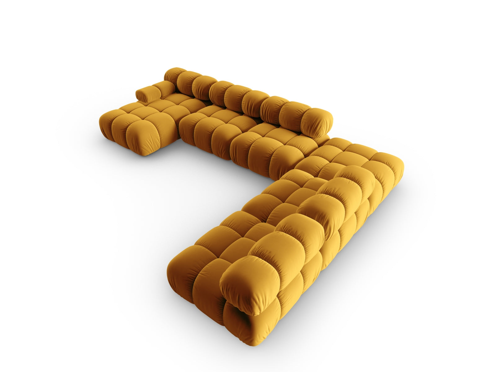 Elegantes Bellis Velour Ecksofa in Gelb-Blau, 7-Sitzer, 282 cm, ideal für moderne Wohnräume und entspannte Stunden.