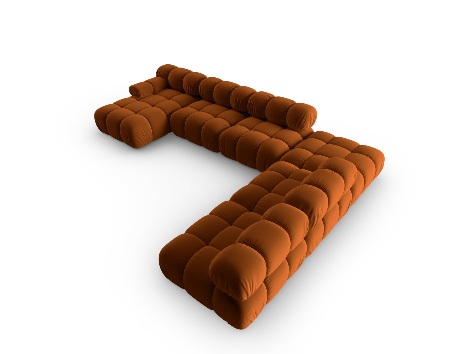 Elegantes, modulares Ecksofa Bellis in Velours, 7-Sitzer in warmem Terracotta, ideal für stilvolle Wohnräume.