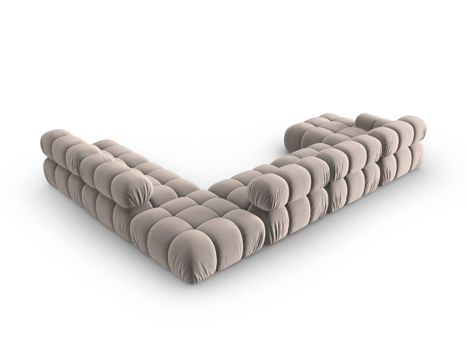 Modulares Bellis Velour Ecksofa in stilvollem Cappuccino, 7-Sitzer, perfekt für großzügige Wohnlandschaften und gesellige Abende.
