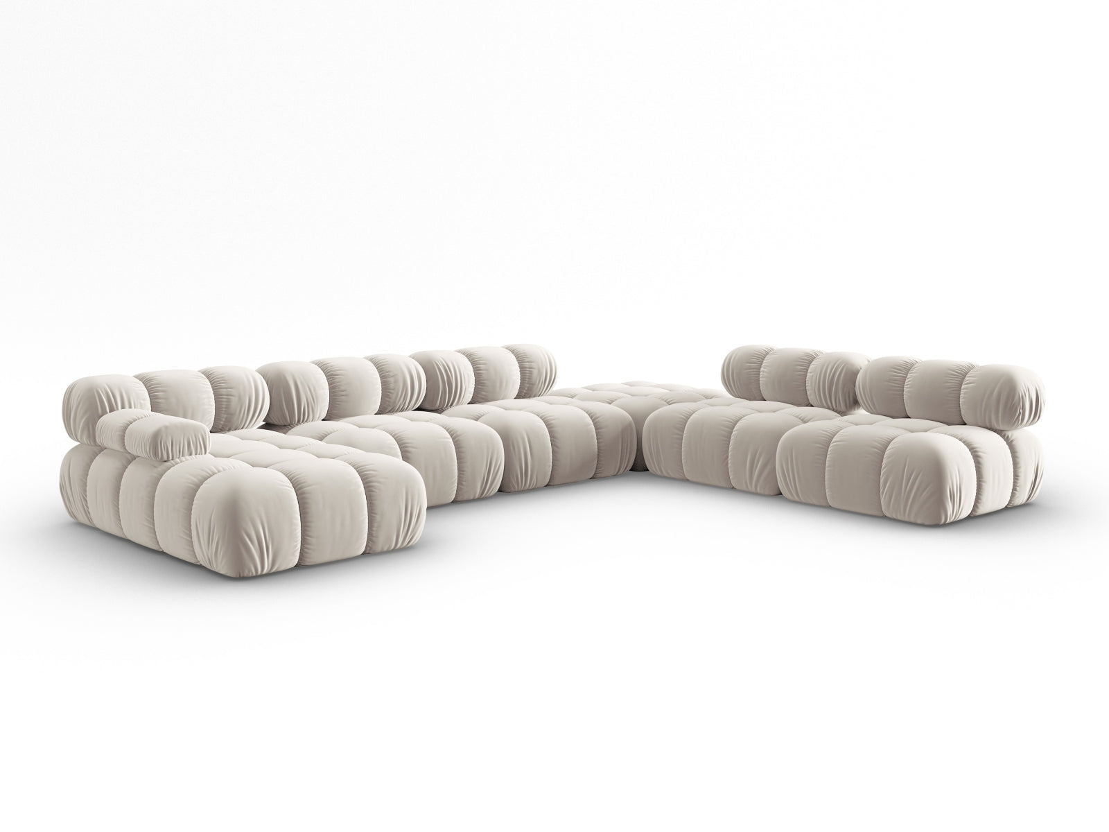 Modulares Bellis Velour Ecksofa in sanftem Beige, 7-Sitzer, 282 cm, perfekt für gemütliche und moderne Wohnlandschaften.