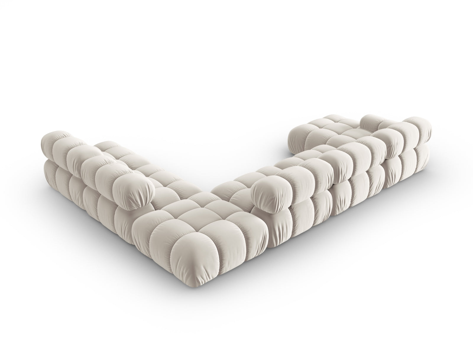 Modulares Bellis Velour Ecksofa in sanftem Beige, 7-Sitzer, 282 cm, perfekt für gemütliche und moderne Wohnlandschaften.