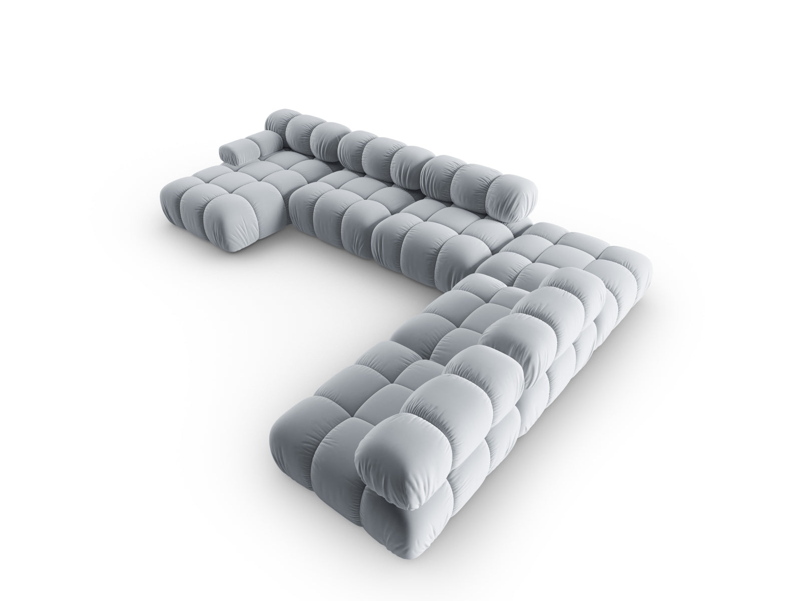 Elegantes Bellis Velour Ecksofa in zartem Hellblau, 7-Sitzer, ideal für stilvolle Wohnräume und gesellige Abende.