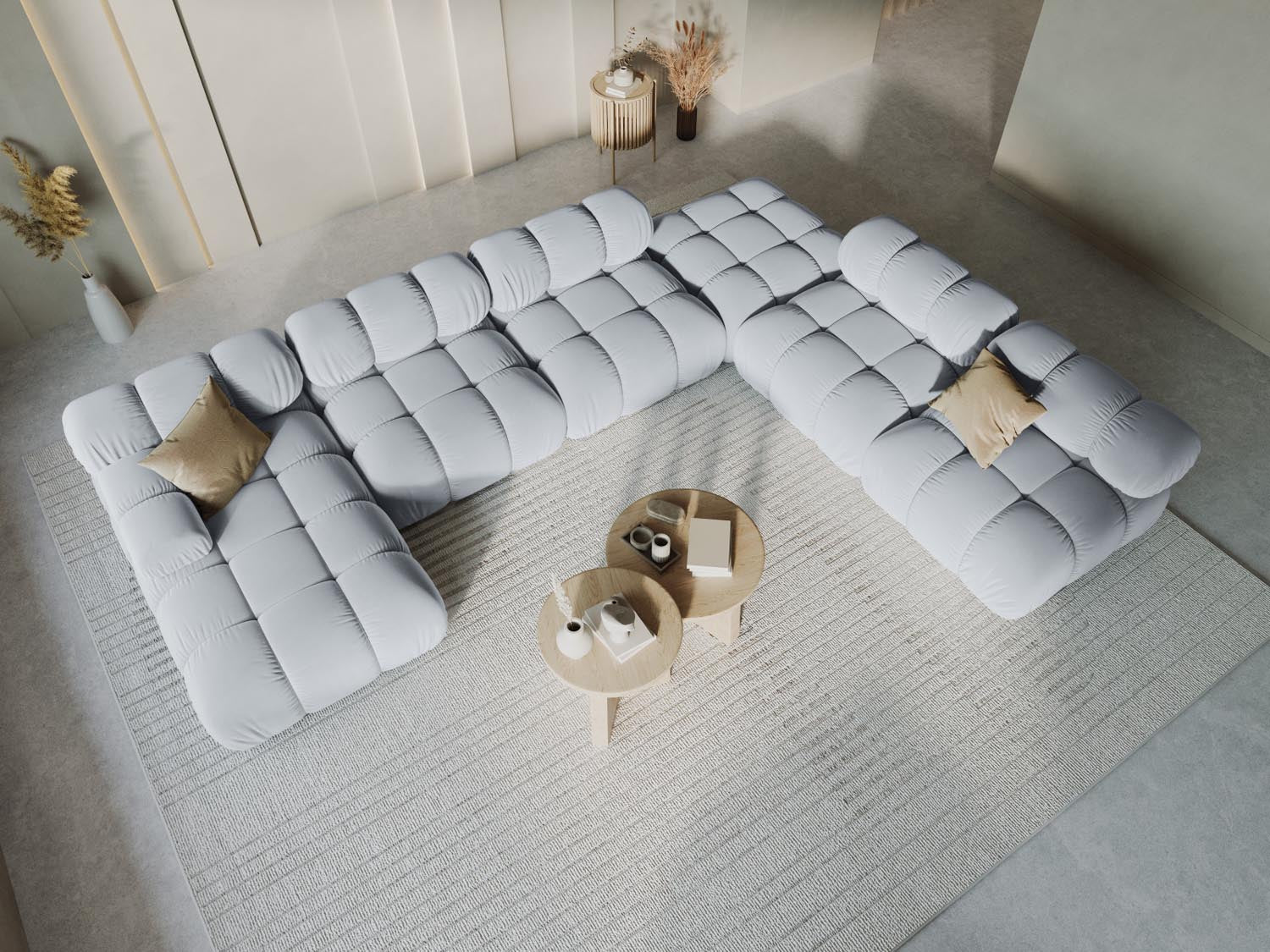 Elegantes Bellis Velour Ecksofa in sanftem Hellblau, 7-Sitzer, ideal für stilvolle Wohnräume, präsentiert in einem modernen Ambiente.