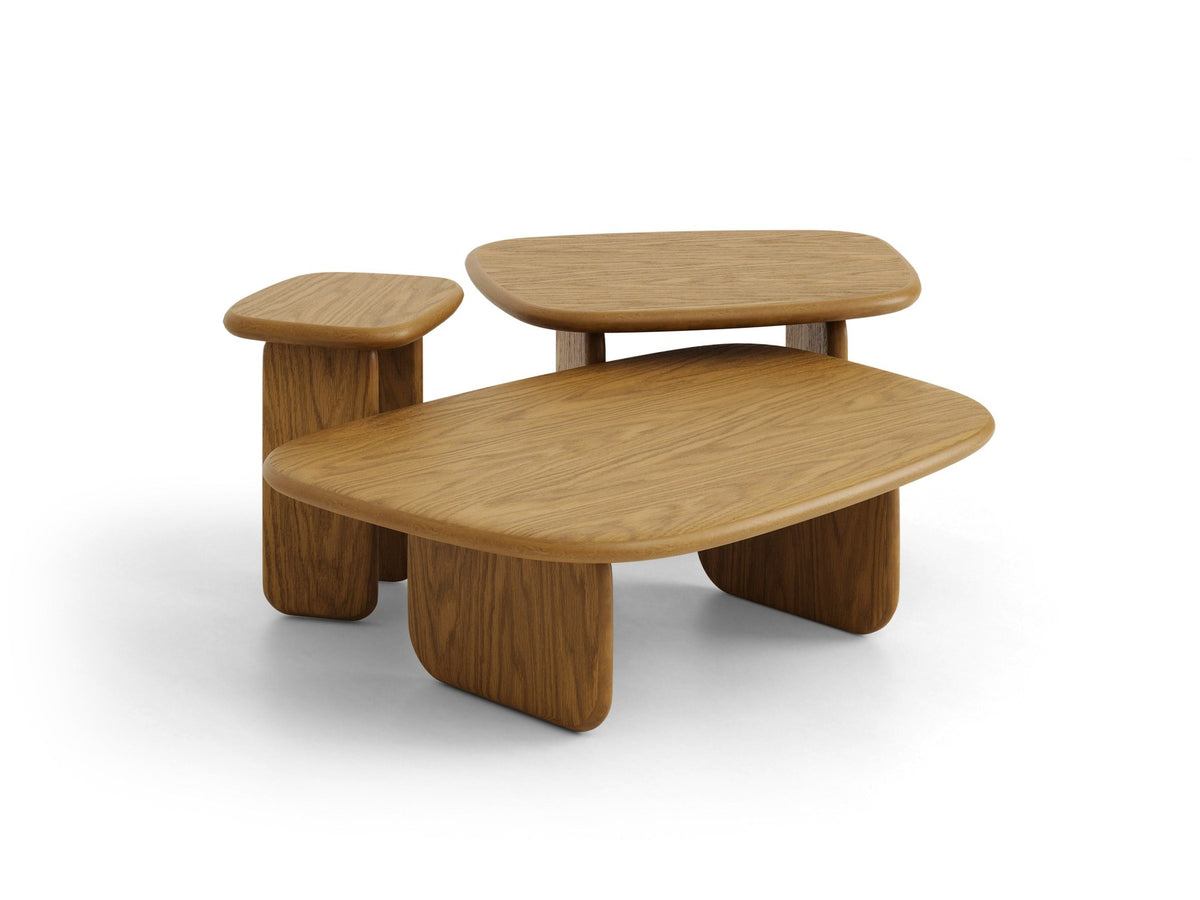 Rechteckiger Kaffeetisch mit abgerundeten Kanten, Tischplatte und zwei Beinen aus Holz in der Farbe Schwarze Eiche.