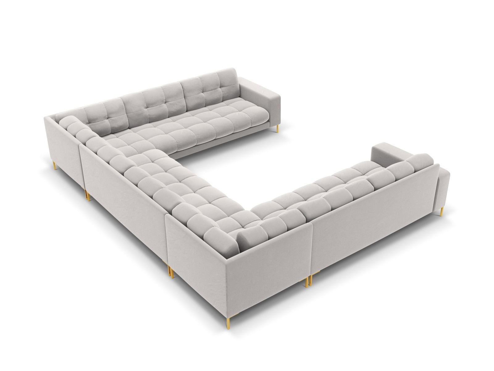 Entdecken Sie das Mamaia Velour Panoramic Sofa von Micadoni: Ein stilvolles 9-Sitzer Sofa, das Komfort und Eleganz vereint und ideal für gesellige Abende ist.