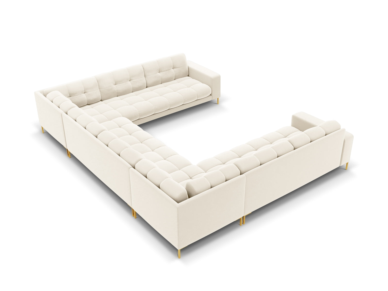 Entdecken Sie das Mamaia Velour Panoramic Sofa von Micadoni: Ein stilvolles 9-Sitzer Sofa, das Komfort und Eleganz vereint und ideal für gesellige Abende ist.