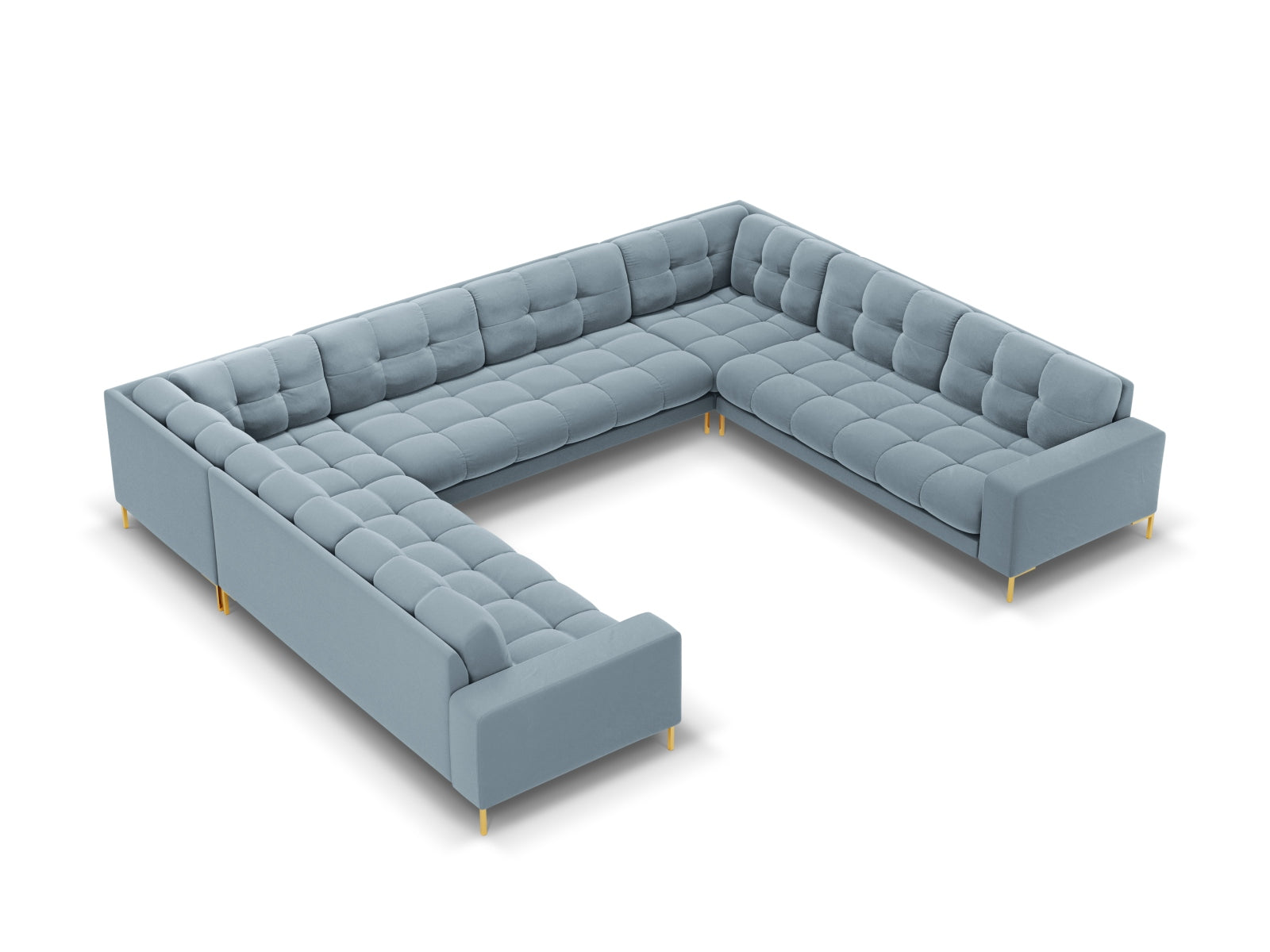 Mamaia Velour Panoramic Sofa 9 Sitzer in Light Blue/Gold präsentiert im Onlineshop von KAQTU Design AG. 3er Sofa ist von Micadoni
