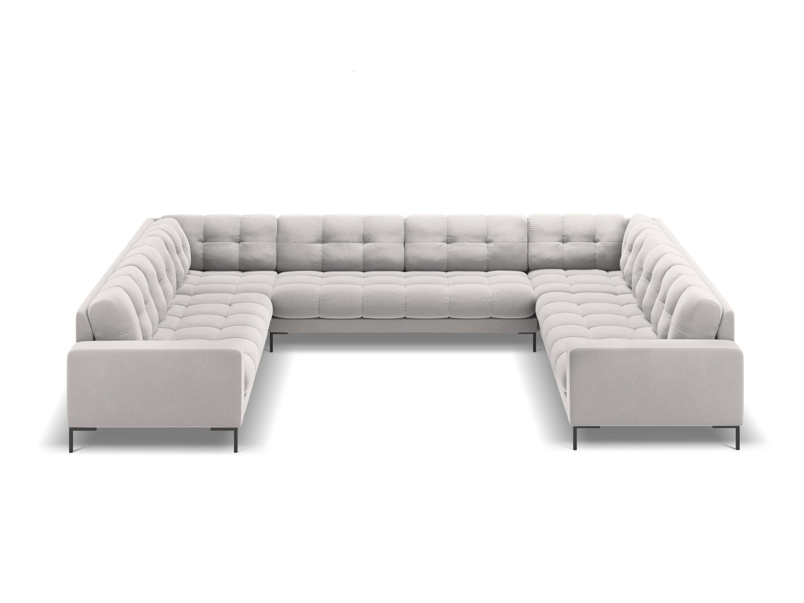 Elegantes Mamaia Velour Panoramic Sofa für 9 Personen in stilvollem Silber und Schwarz-Bluvel, ideal für moderne Wohnräume.