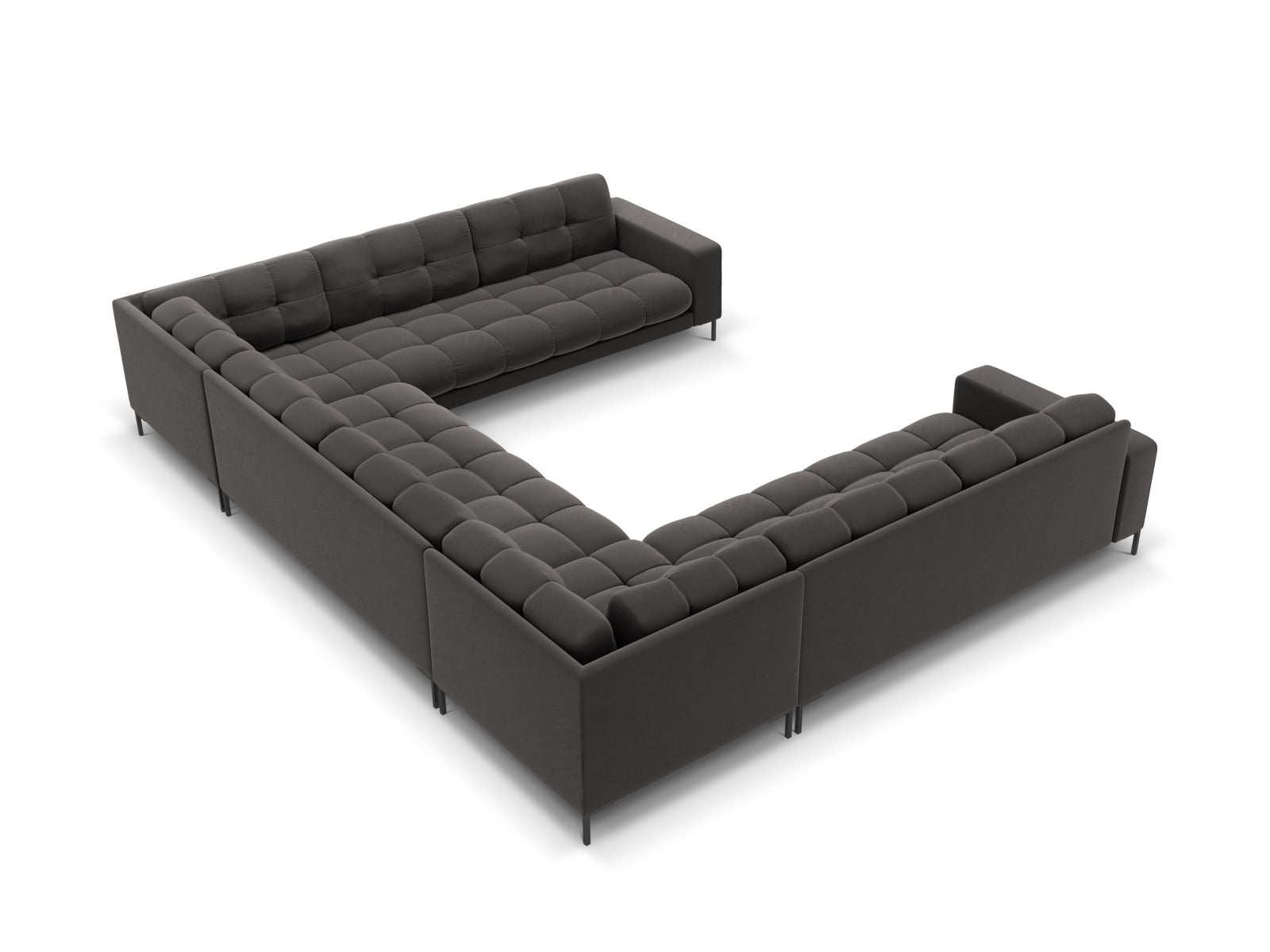 Entdecken Sie das Mamaia Velour Panoramic Sofa von Micadoni: Ein stilvolles 9-Sitzer Sofa, das Komfort und Eleganz vereint und ideal für gesellige Abende ist.