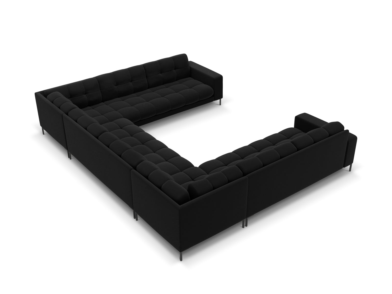 Luxuriöses Mamaia Velour Panoramic Sofa für 9 Personen in edlem Schwarz, perfekt für gesellige Runden und stilvolle Einrichtung.