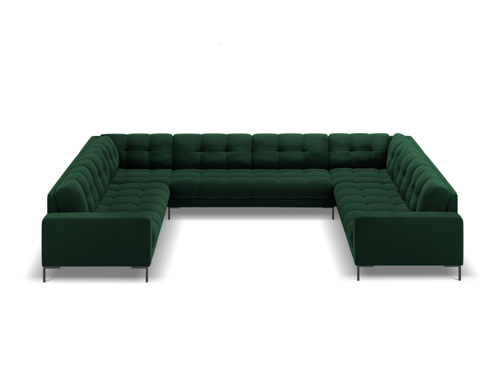Elegantes Mamaia Velour Panoramic Sofa für 9 Personen in edlem Flaschengrün und Schwarz-Bluvel, ideal für stilvolle Wohnräume.