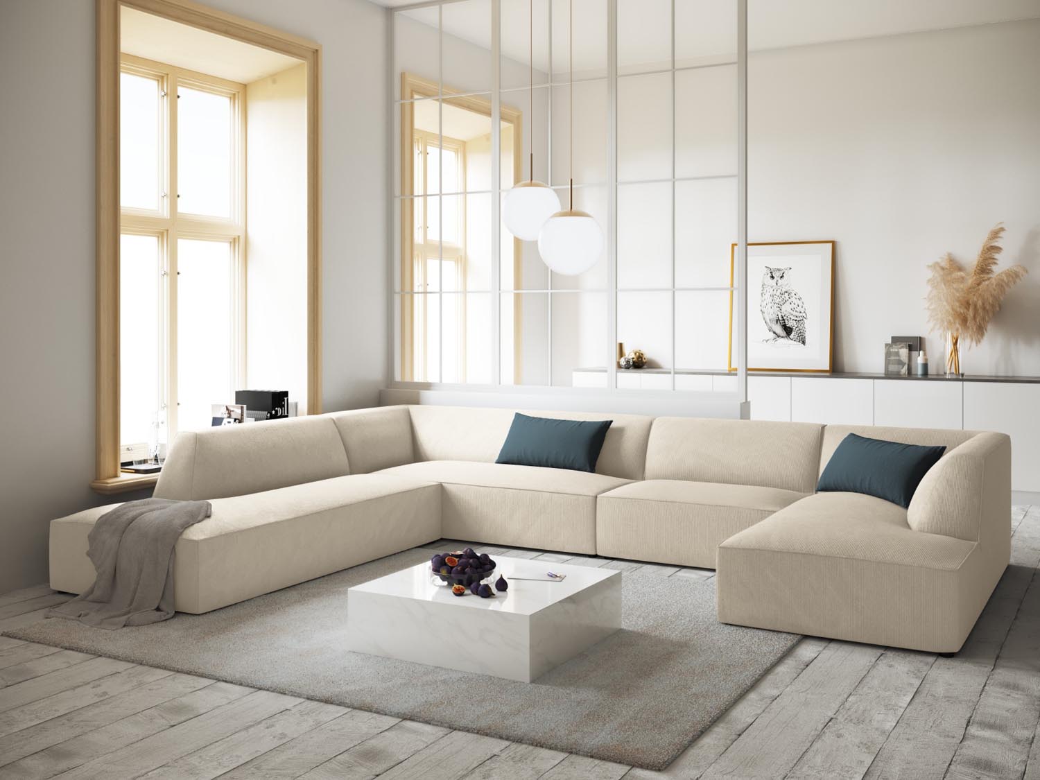 Stylisches Ruby Panoramic Ecksofa links in sanftem Beige, ideal für moderne Wohnräume. Komfortables 7-Sitzer-Design von Micadoni.