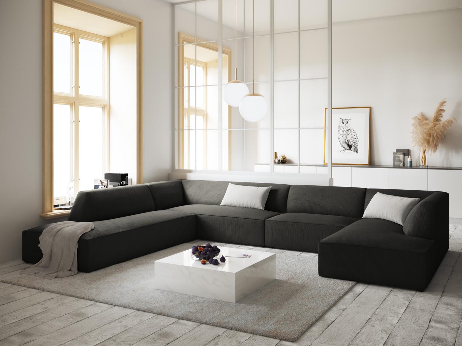 Stylisches Ruby Panoramic Ecksofa links, 7 Sitzer in elegantem Dunkelgrau, ideal für moderne Wohnräume und gemütliche Abende.