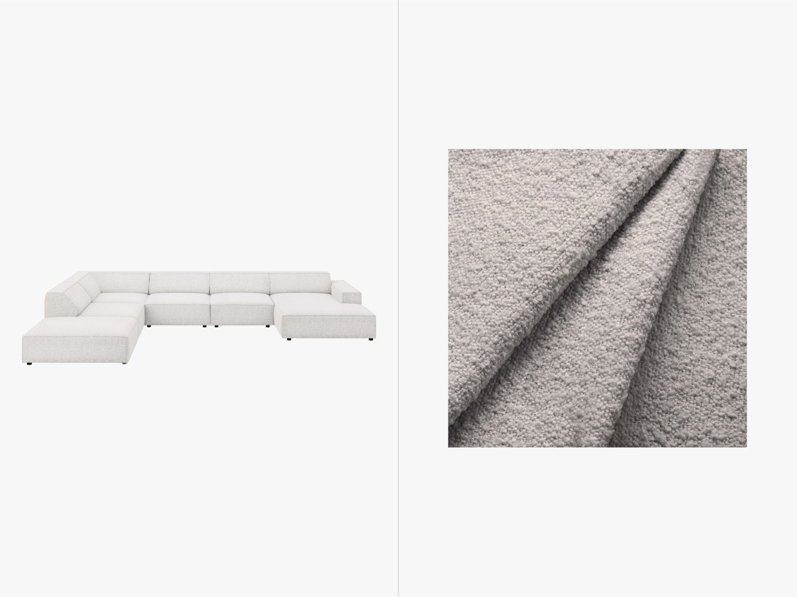 Elegantes, modulares 7-Sitzer Ecksofa Jodie Boucle links, perfekt für moderne Wohnräume und gesellige Abende.