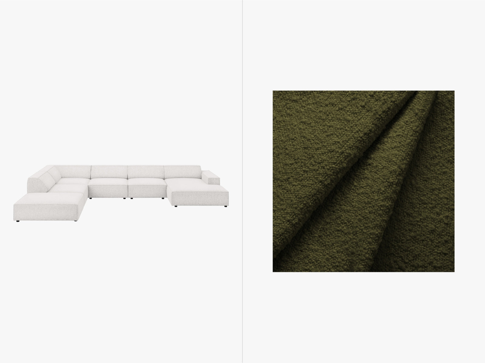 Elegantes, modulares 7-Sitzer Ecksofa Jodie Boucle links, perfekt für entspannte Abende und modernes Wohndesign.