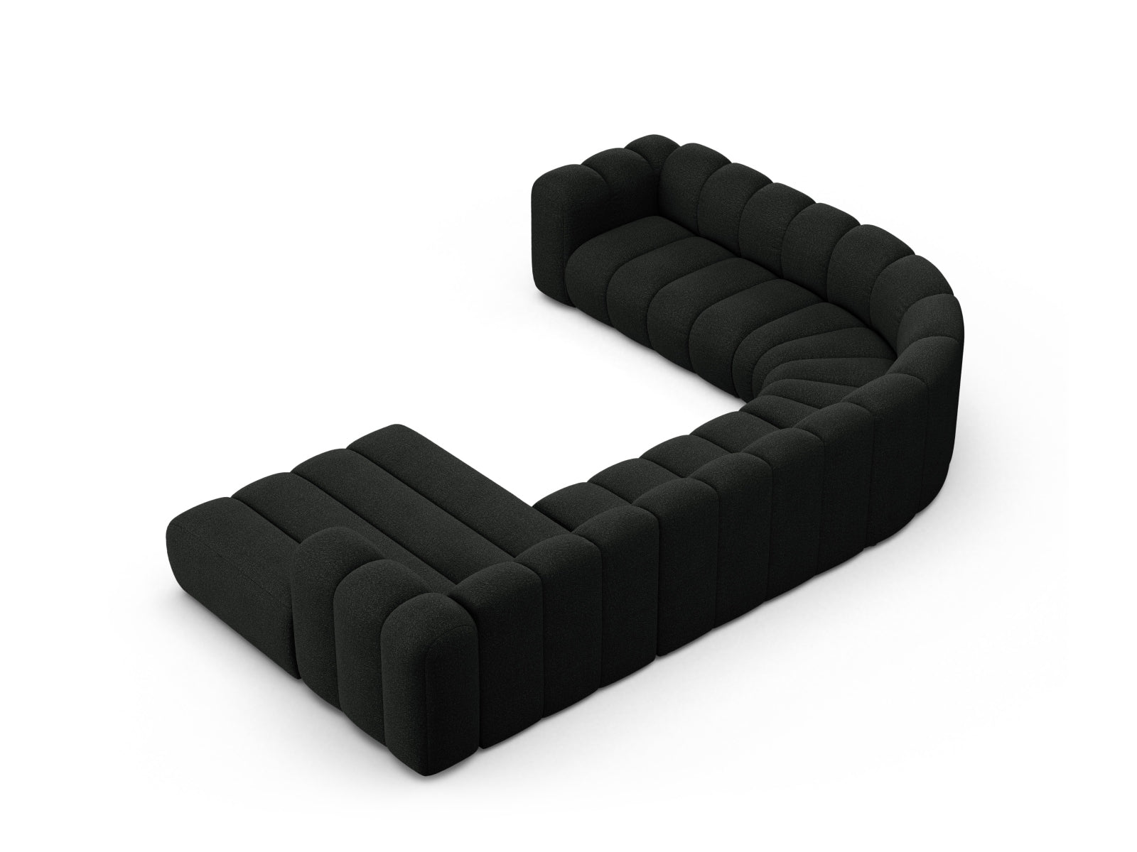 Elegantes Lupine Boucle Ecksofa links für 6 Personen in luxuriösem Black-Baloo, ideal für moderne und komfortable Wohnräume.