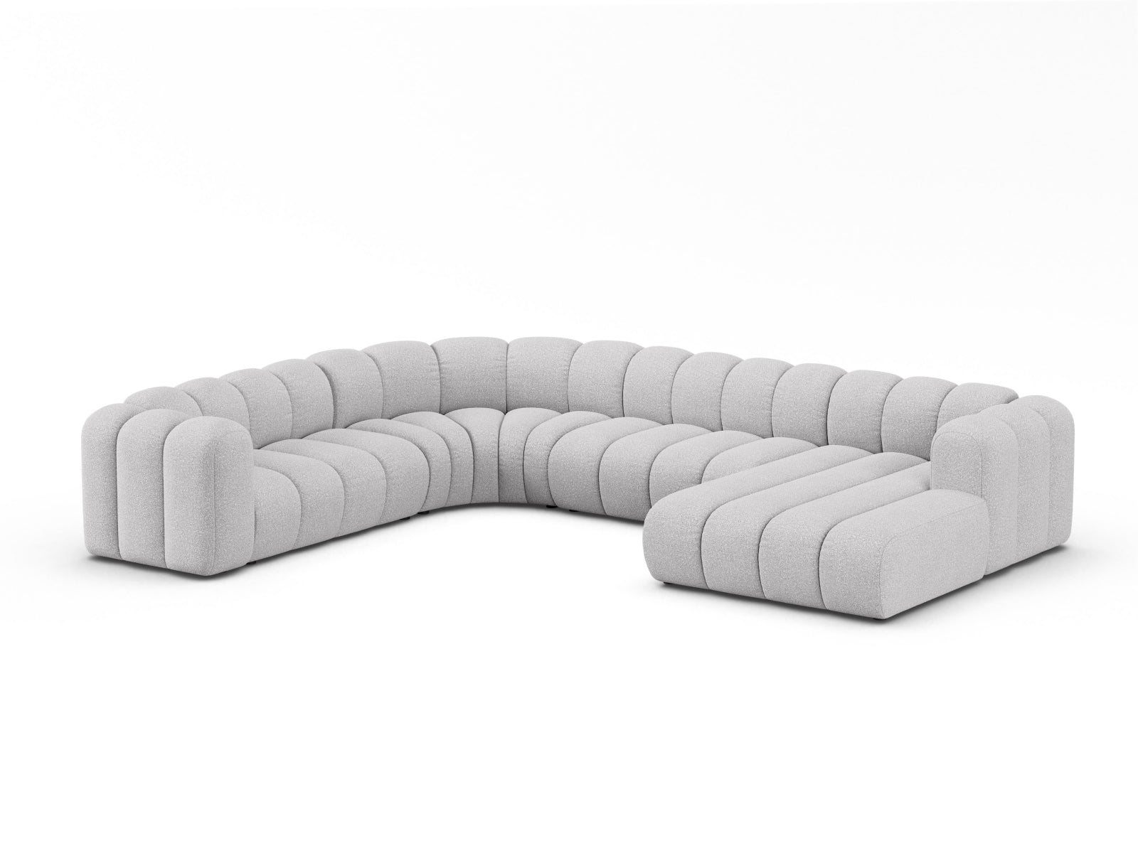 Elegantes Lupine Boucle Ecksofa links für 6 Personen in hellem Grau, ideal für stilvolle Wohnräume und gemütliche Abende.