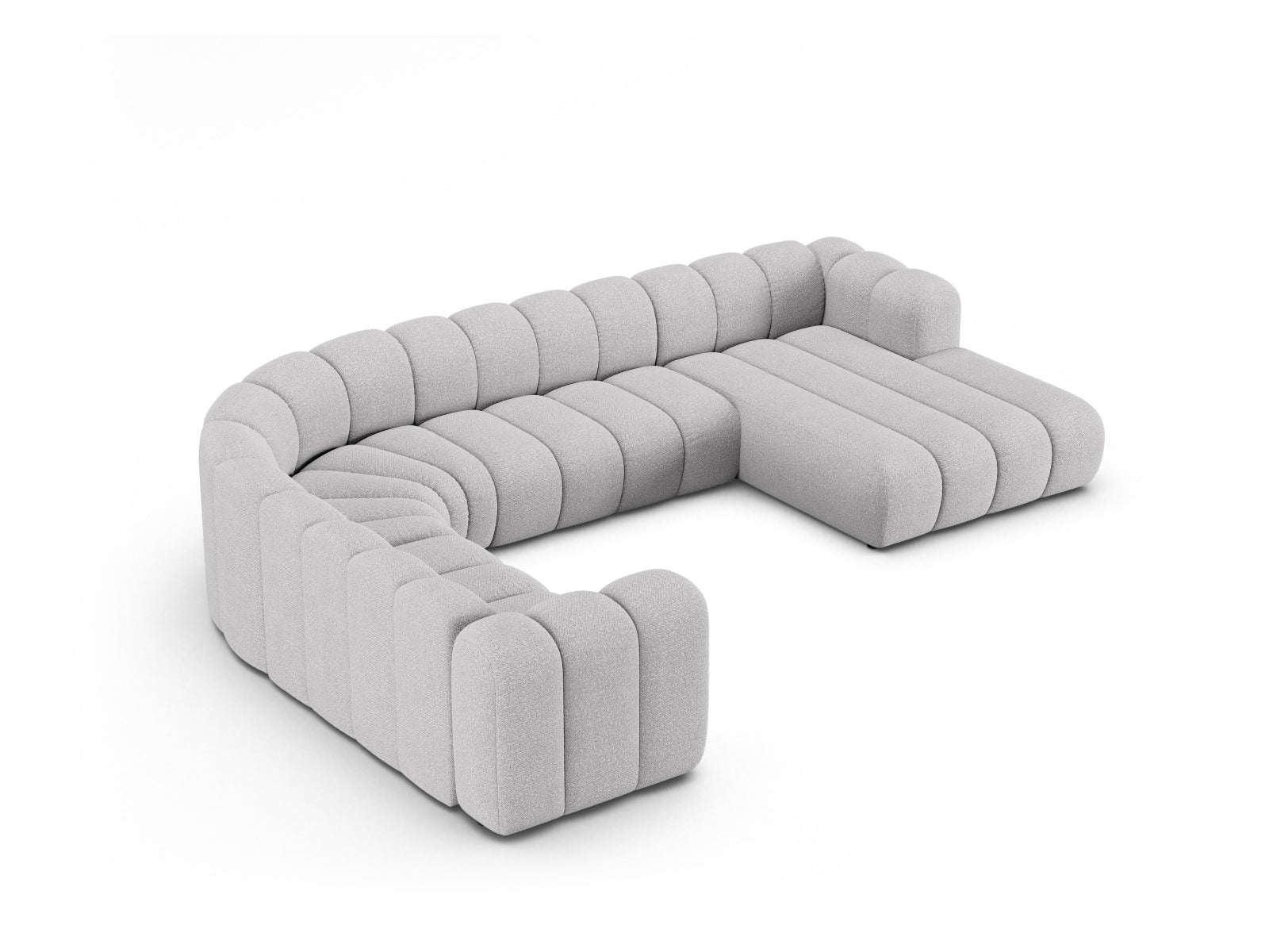 Modernes Lupine Boucle Ecksofa links für 6 Personen in sanftem Grau, perfekt für entspannte Stunden und stilvolle Einrichtung.