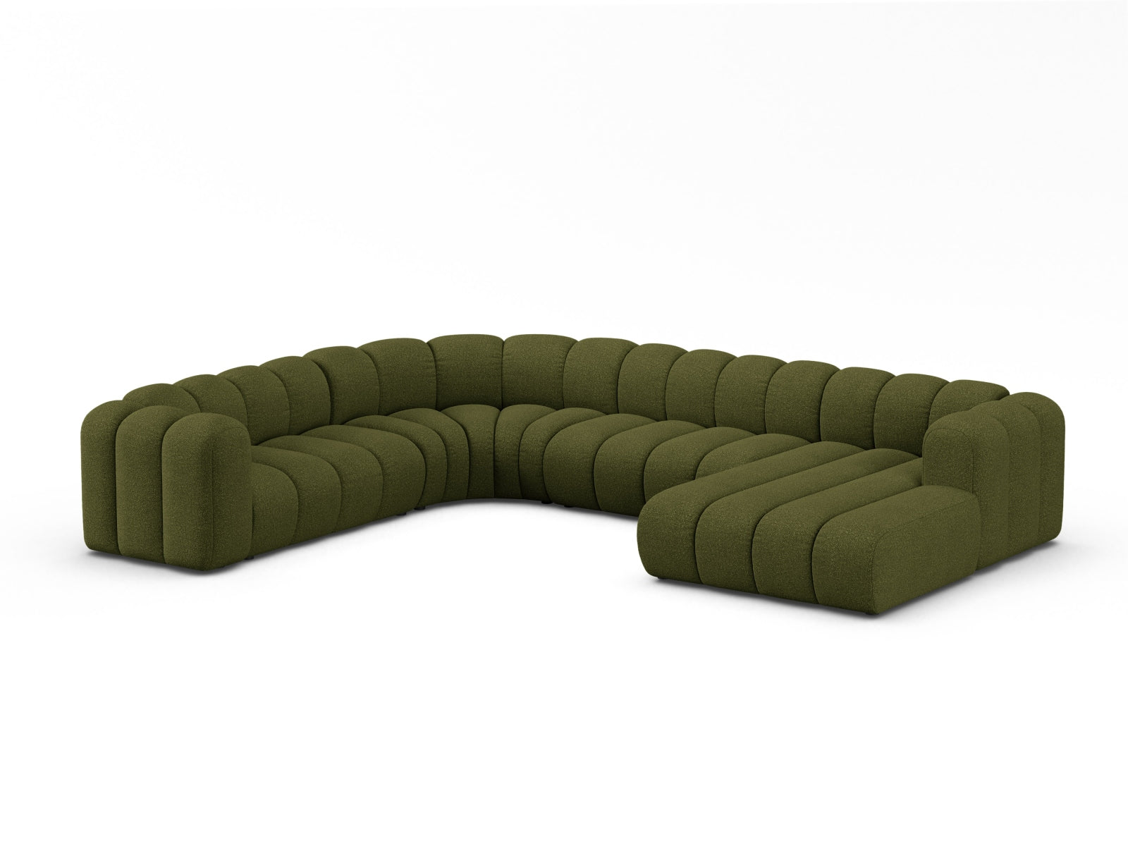 Elegantes, modulares Ecksofa in Dunkelolivgrün, ideal für stilvolle Wohnräume. Komfortables 6-Sitzer-Design von Micadoni.